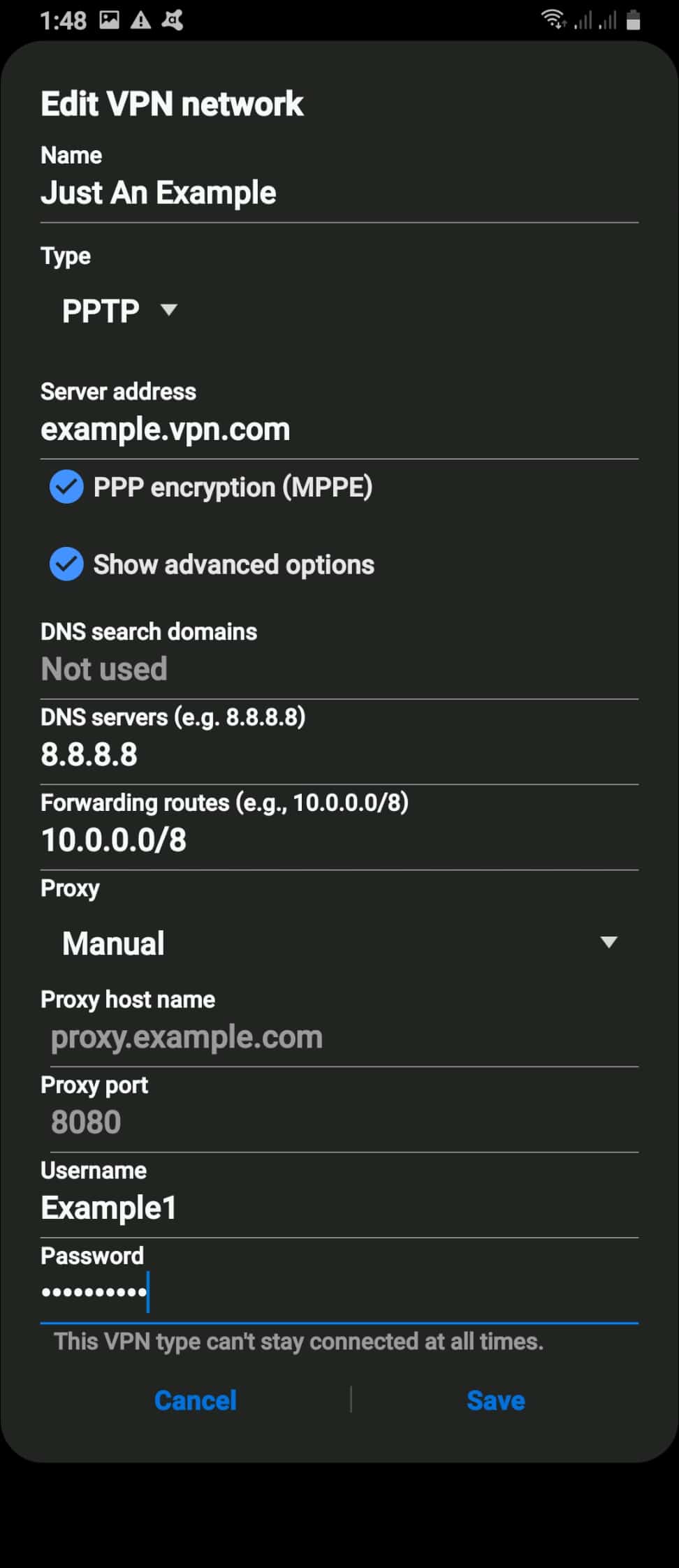 Advanced options when setting up a VPN from settings Advanced options when setting up a VPN from settings
