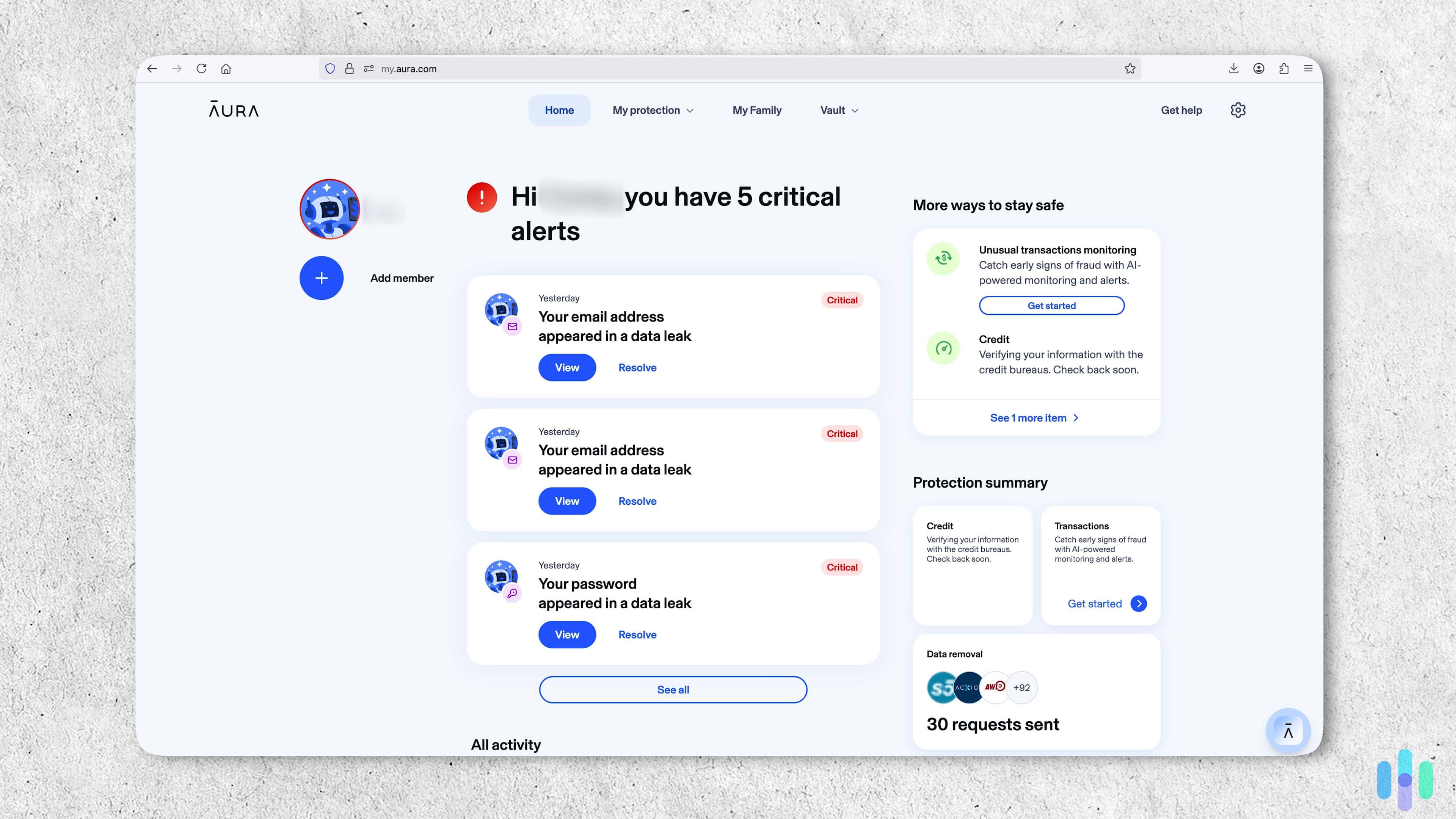 Aura spotted five data breaches immediately. Fortunately, they were all old news. Aura spotted five data breaches immediately. Fortunately, they were all old news.
