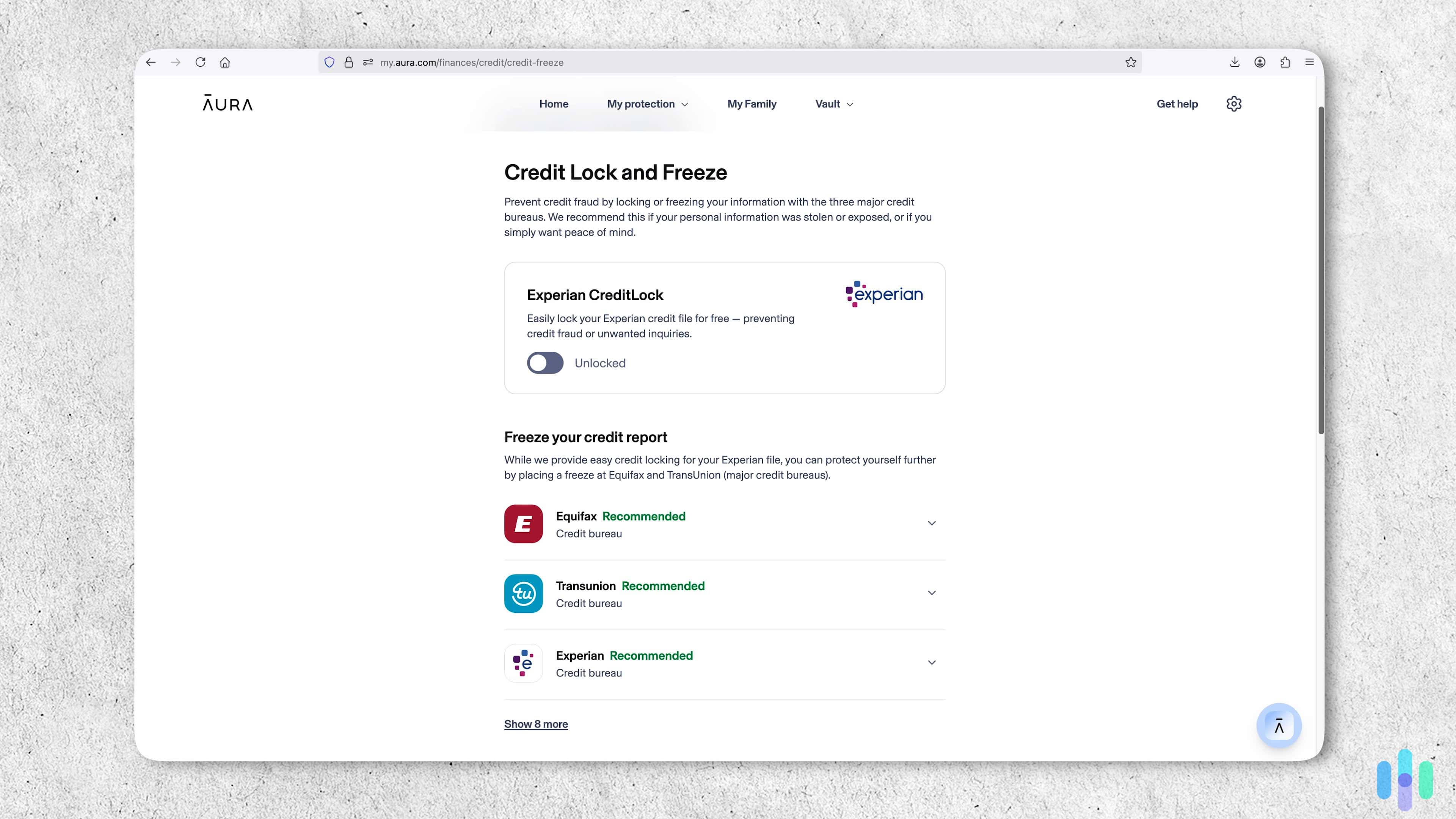 Aura encouraged us to lock our credit reports at the three major bureaus; we took their advice. Aura encouraged us to lock our credit reports at the three major bureaus; we took their advice.