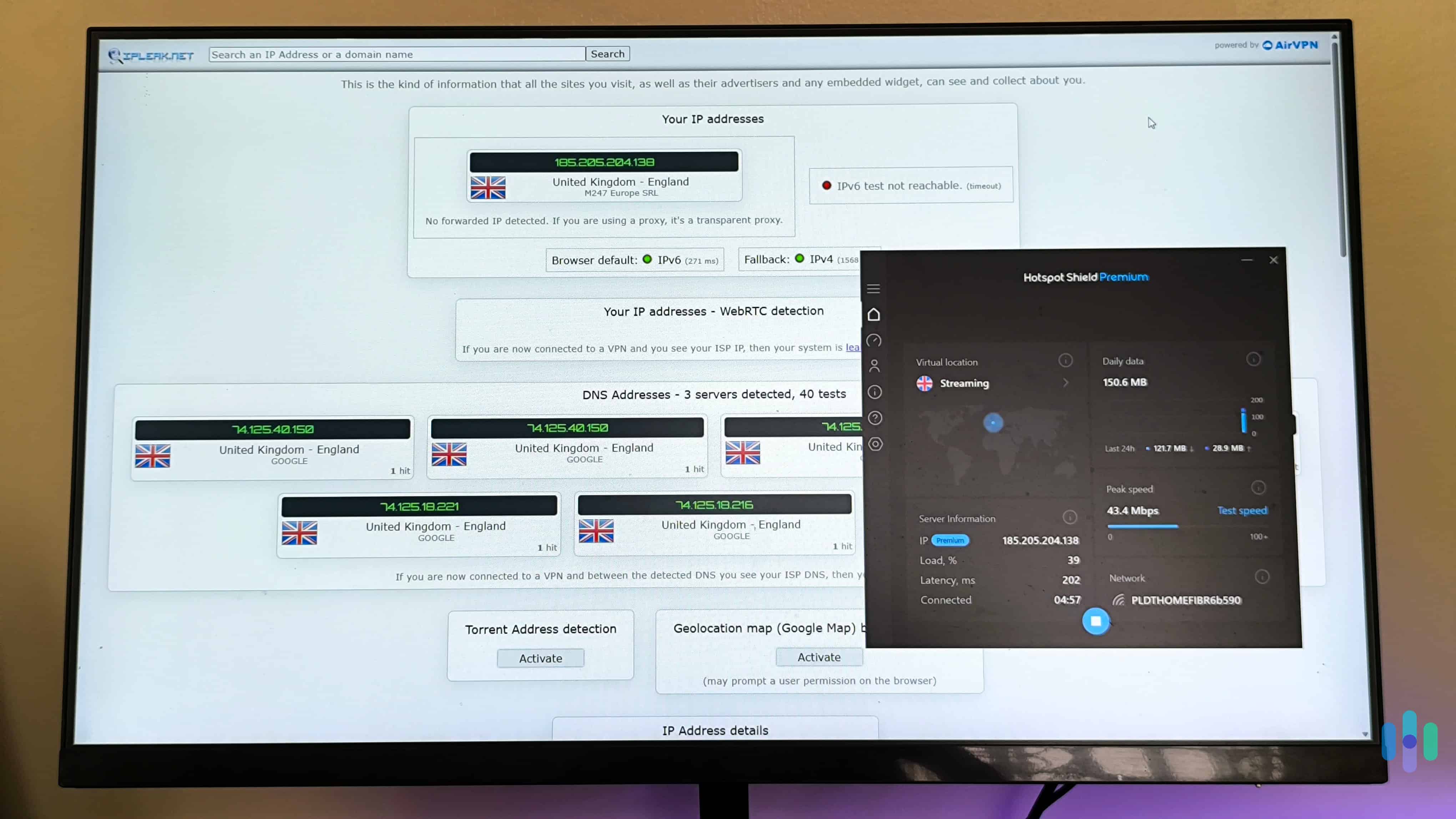 Hotspot Shield never revealed our real IP and DNS addresses in our leak tests.