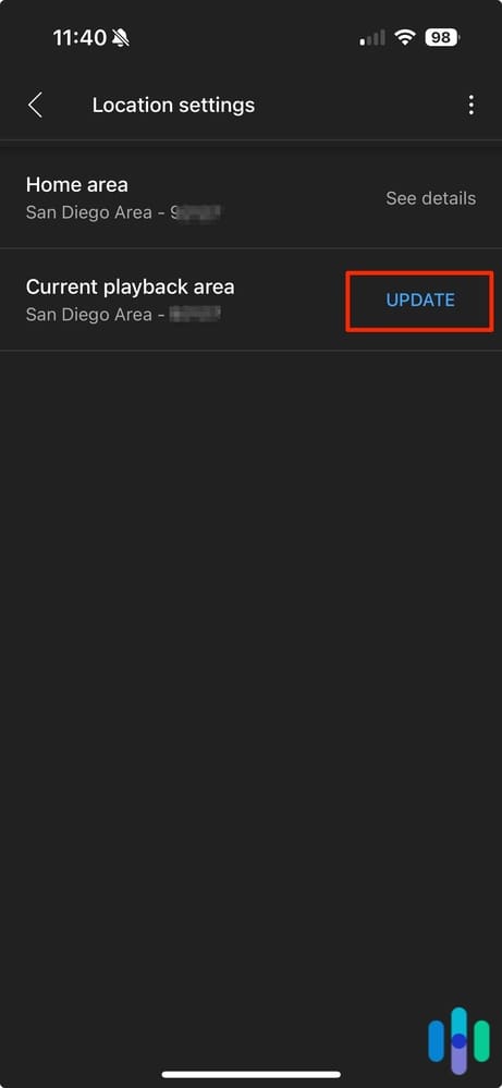 YouTubeTV Location settings on an iPhone YouTubeTV Location settings on an iPhone