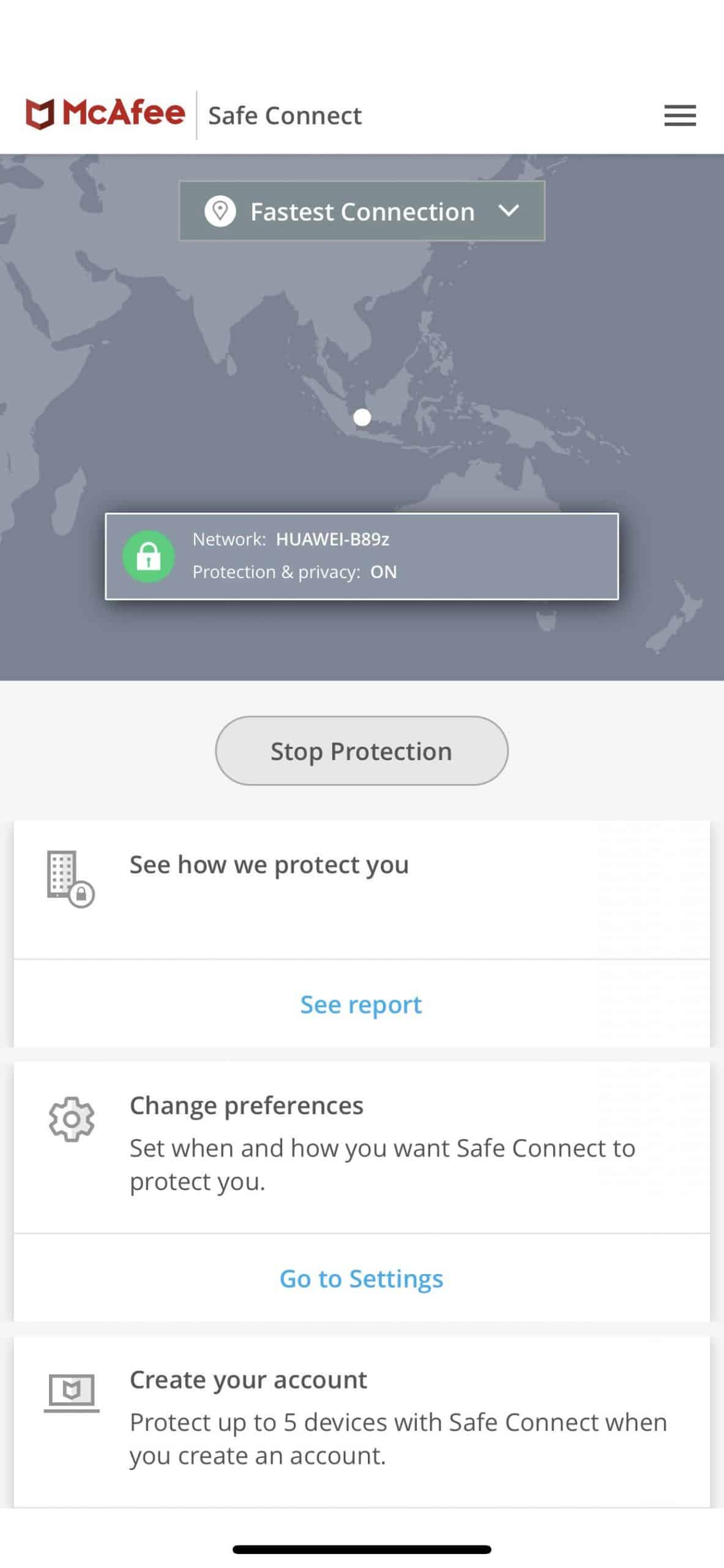 McAfee VPN iOS Home Screen Connected McAfee VPN iOS Home Screen Connected