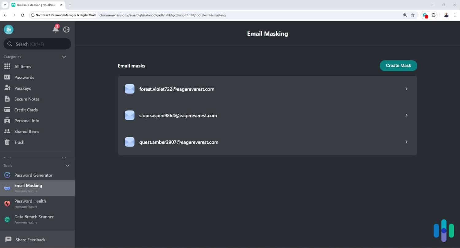 NordPass’ email masking feature in action. NordPass’ email masking feature in action.