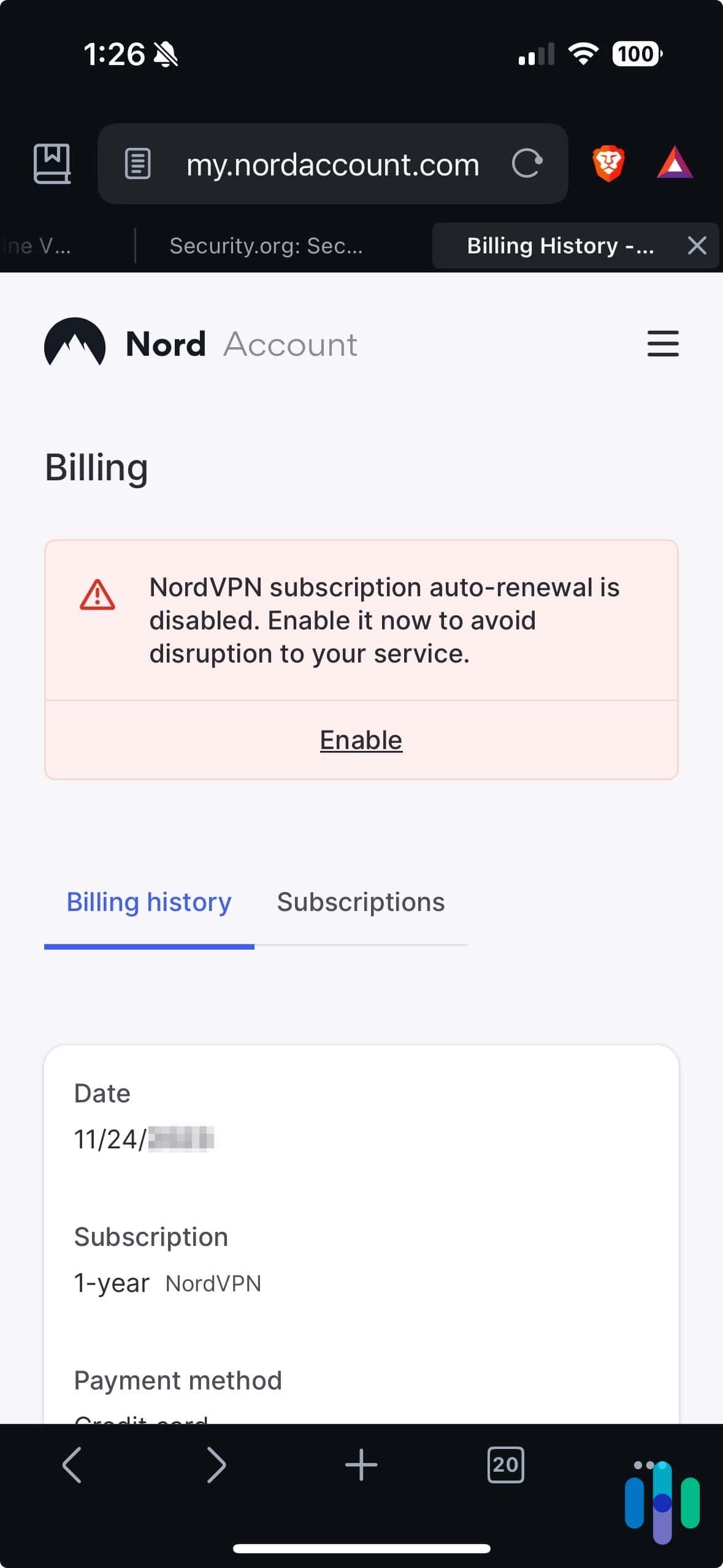 NordVPN’s auto-renewal disabled notification NordVPN's auto-renewal disabled notification