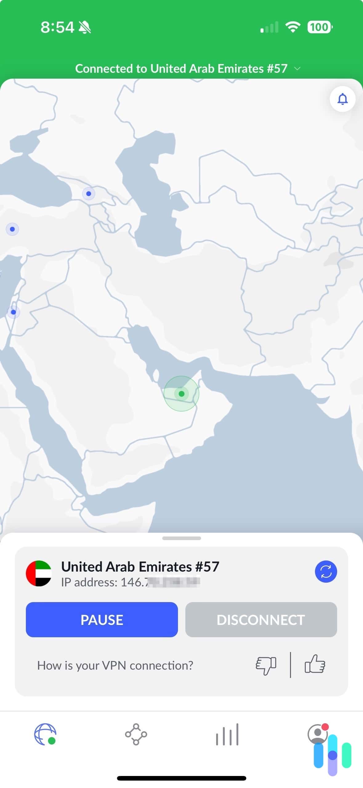 NordVPN connected to United Arab Emirates on an iPhone NordVPN connected to United Arab Emirates on an iPhone