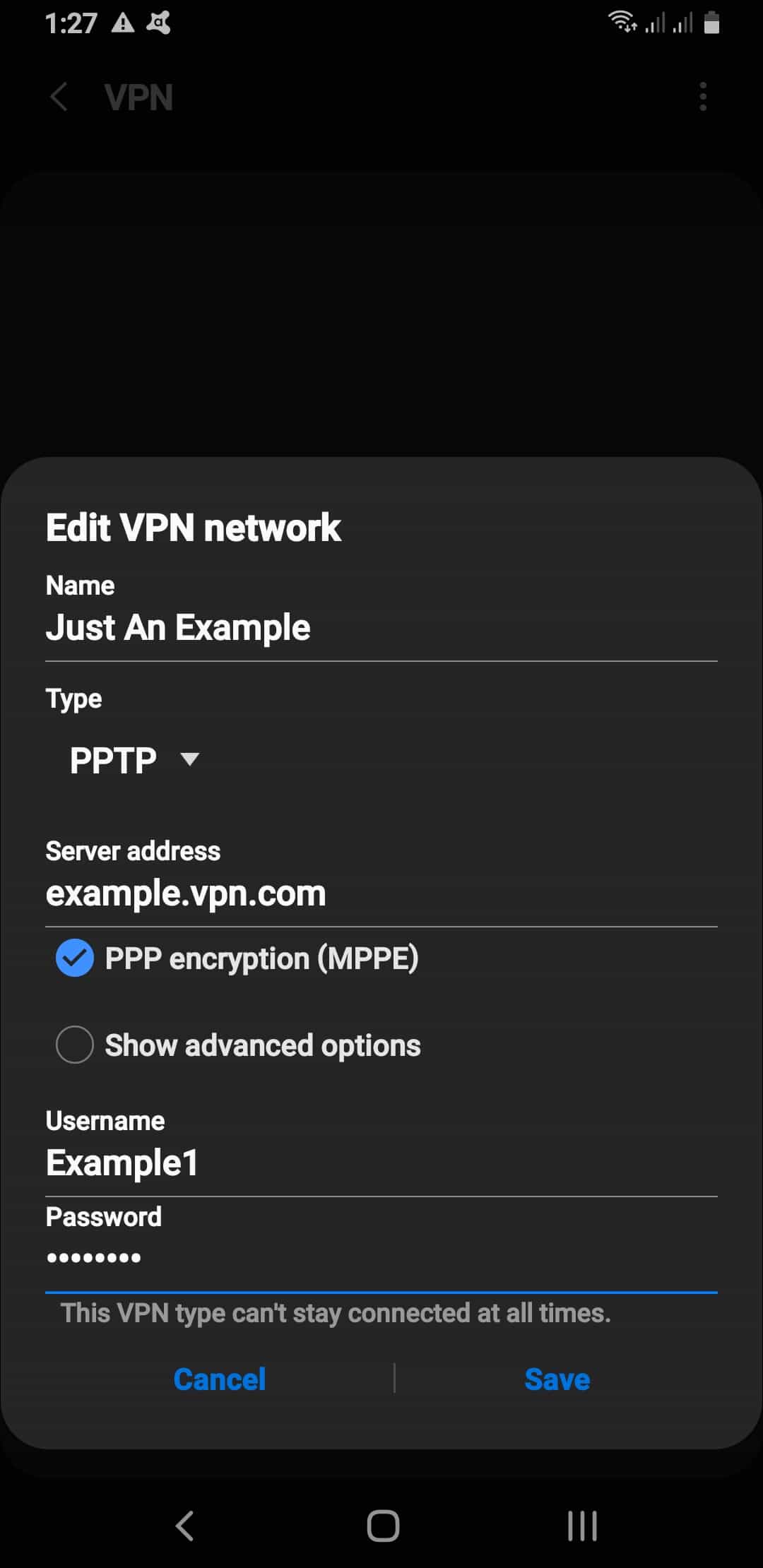 Setting up a VPN from the Android settings Setting up a VPN from the Android settings