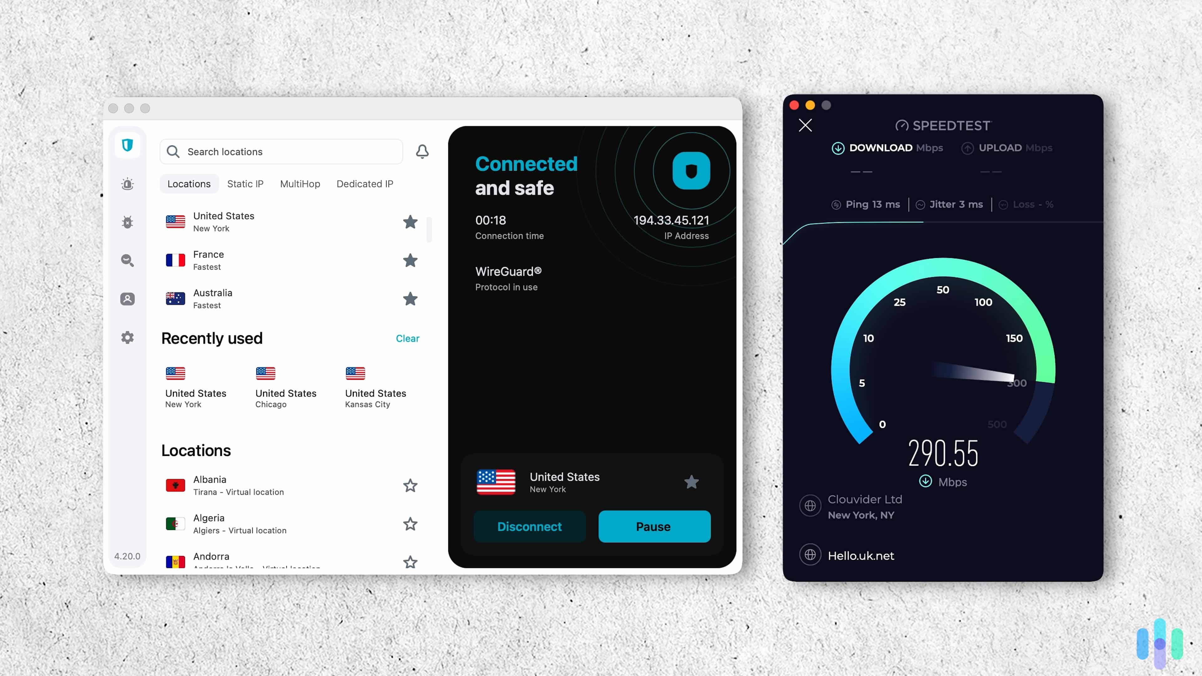 Surfshark speed test connected to a New York server While Surfshark provides impressive speeds, we still bypass our online games to minimize lag.