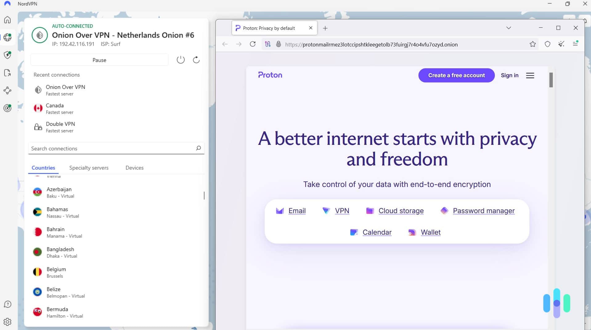 We were able to access Proton Mail’s onion site while connected to NordVPN’s Onion over VPN server in the Netherlands We were able to access Proton Mail’s onion site while connected to NordVPN’s “Onion Over VPN” server in the Netherlands