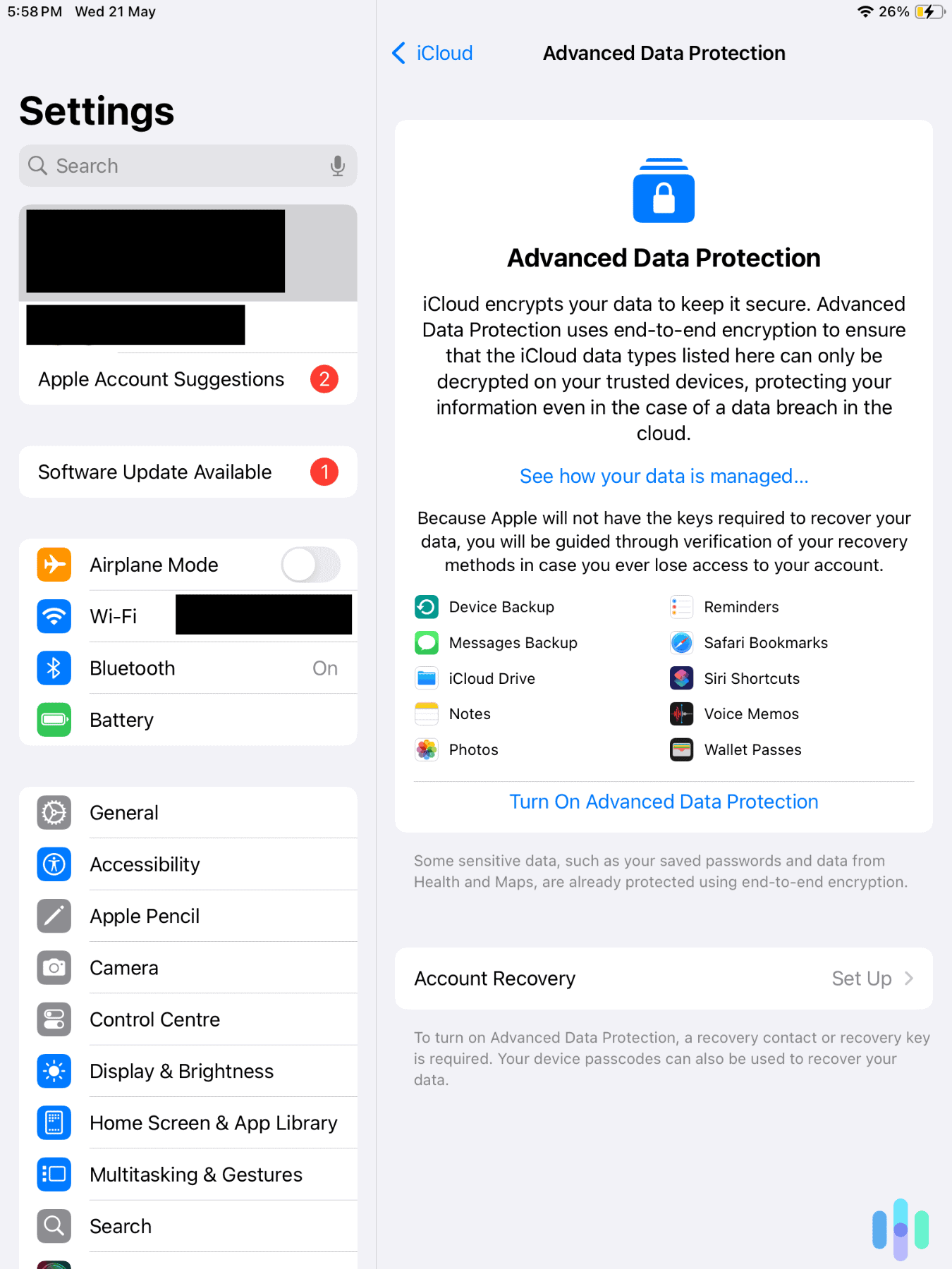 Activating Advanced Data Protection in our iPad’s iCloud settings
