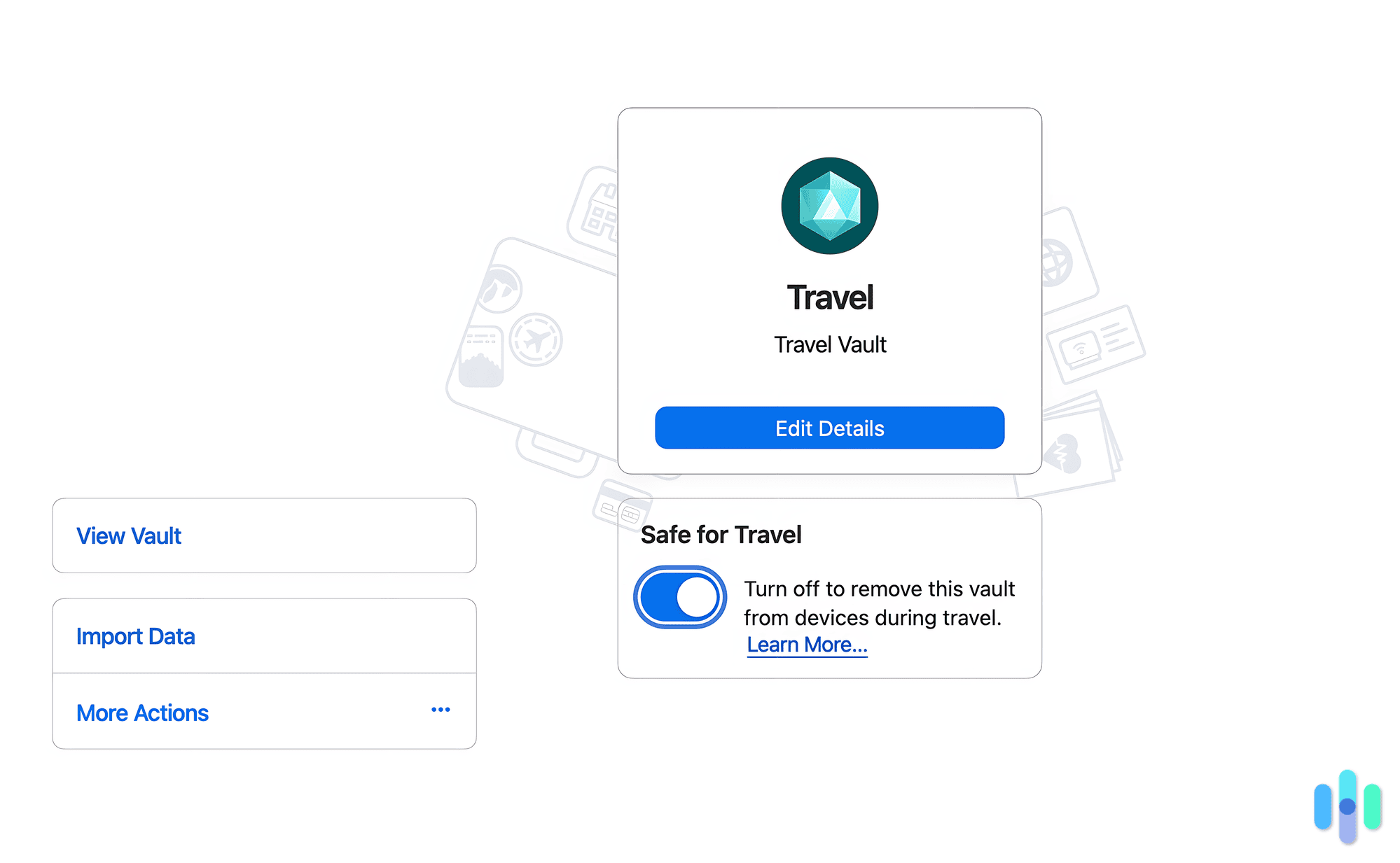 1Password has a Travel Vaul that removes sensitive files from your device when you’re traveling. 1Password has a Travel Vaul that removes sensitive files from your device when you’re traveling.