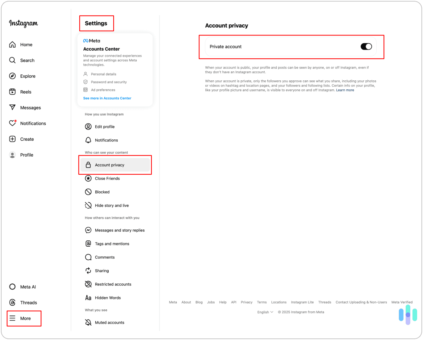 Setting up Instagram account privacy on our desktop