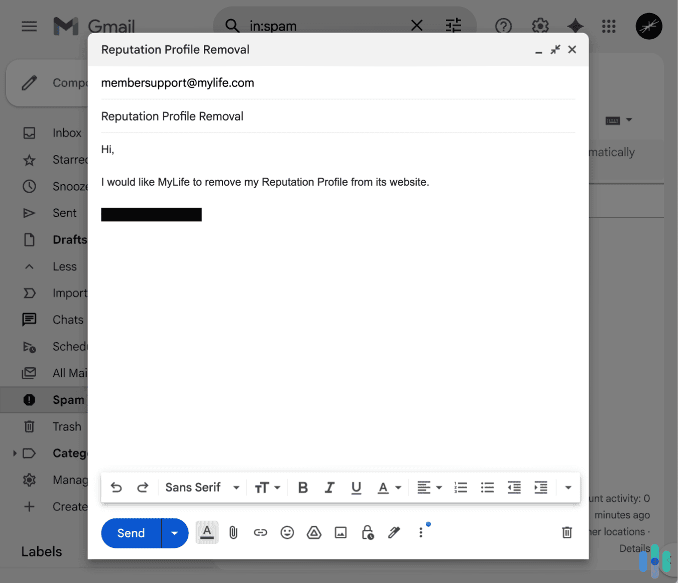 Sending our written request to remove our MyLife profile Sending our written request to remove our MyLife profile