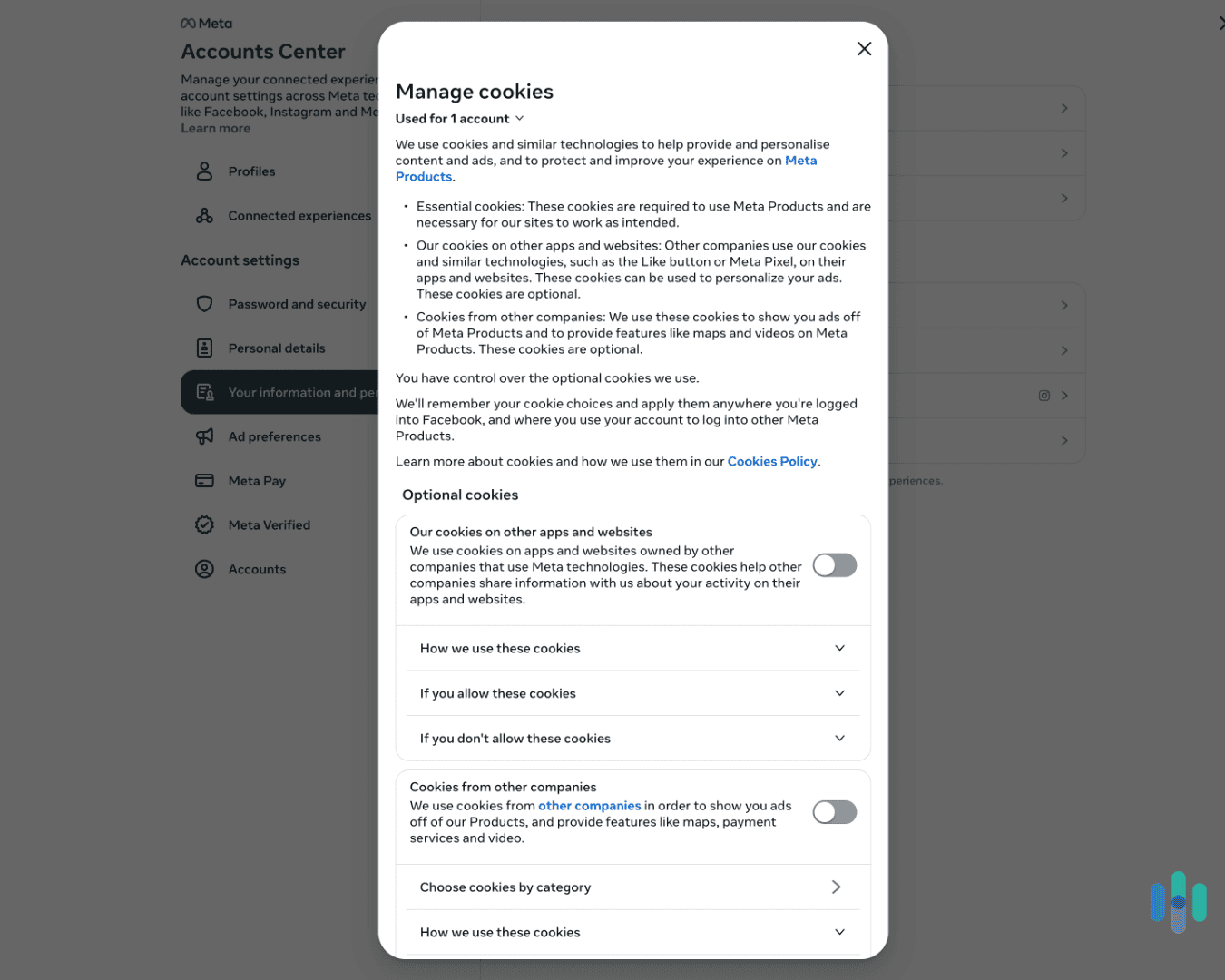 We toggled off Instagram’s optional cookies in the “Accounts Center.” We toggled off Instagram’s optional cookies in the “Accounts Center.”