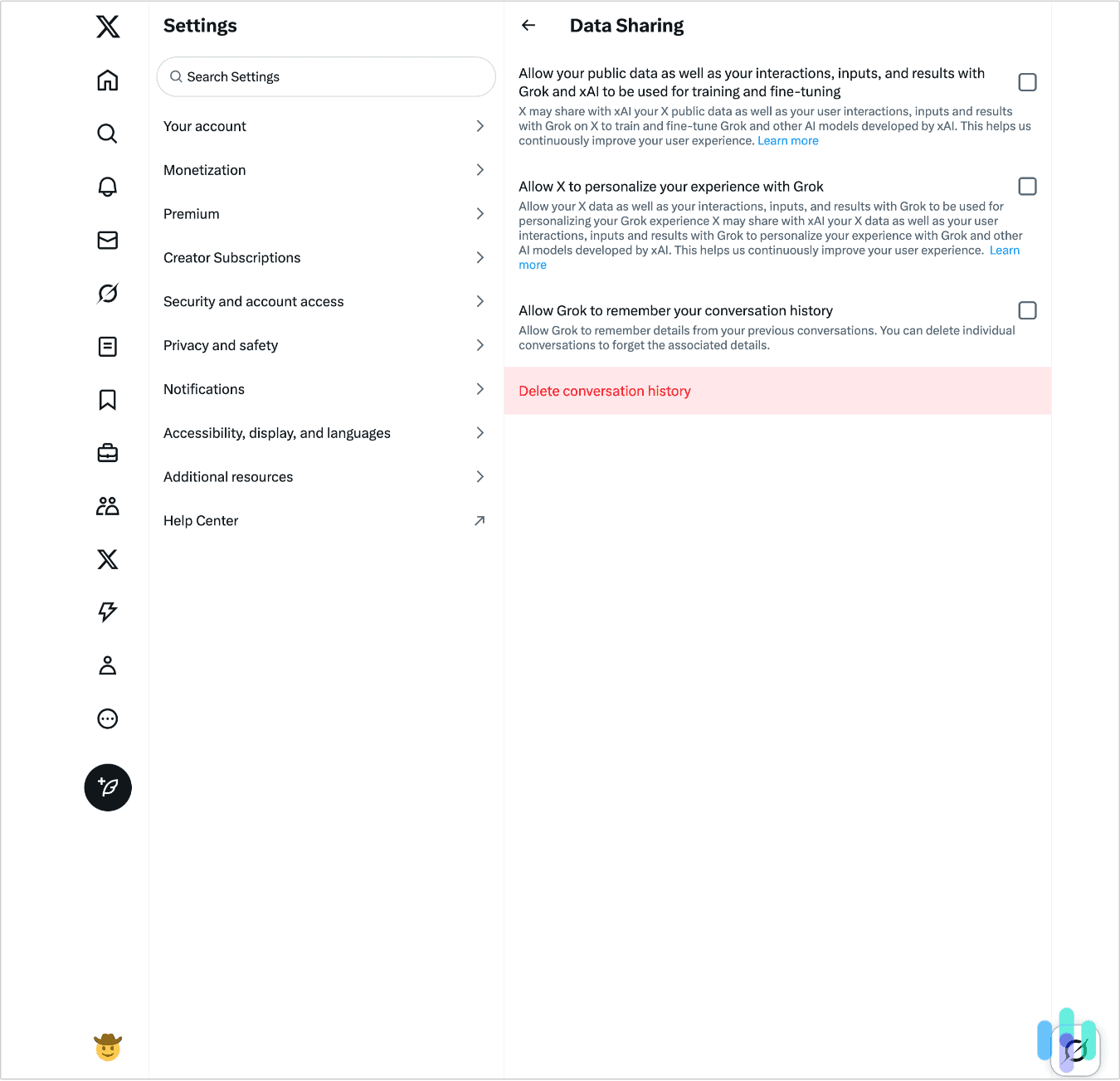 We opted out of X’s AI chatbot Grok in our data sharing settings We opted out of X’s AI chatbot Grok in our data sharing settings