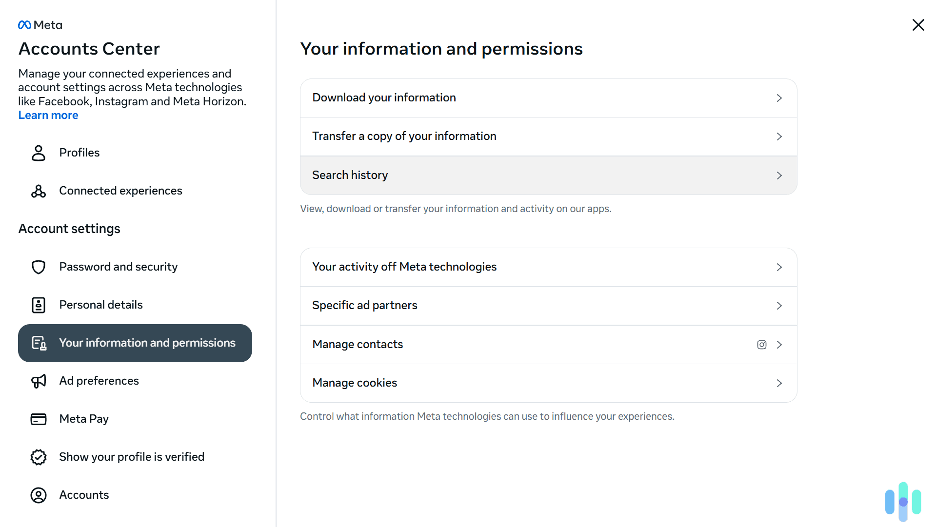 Access your account's search history.