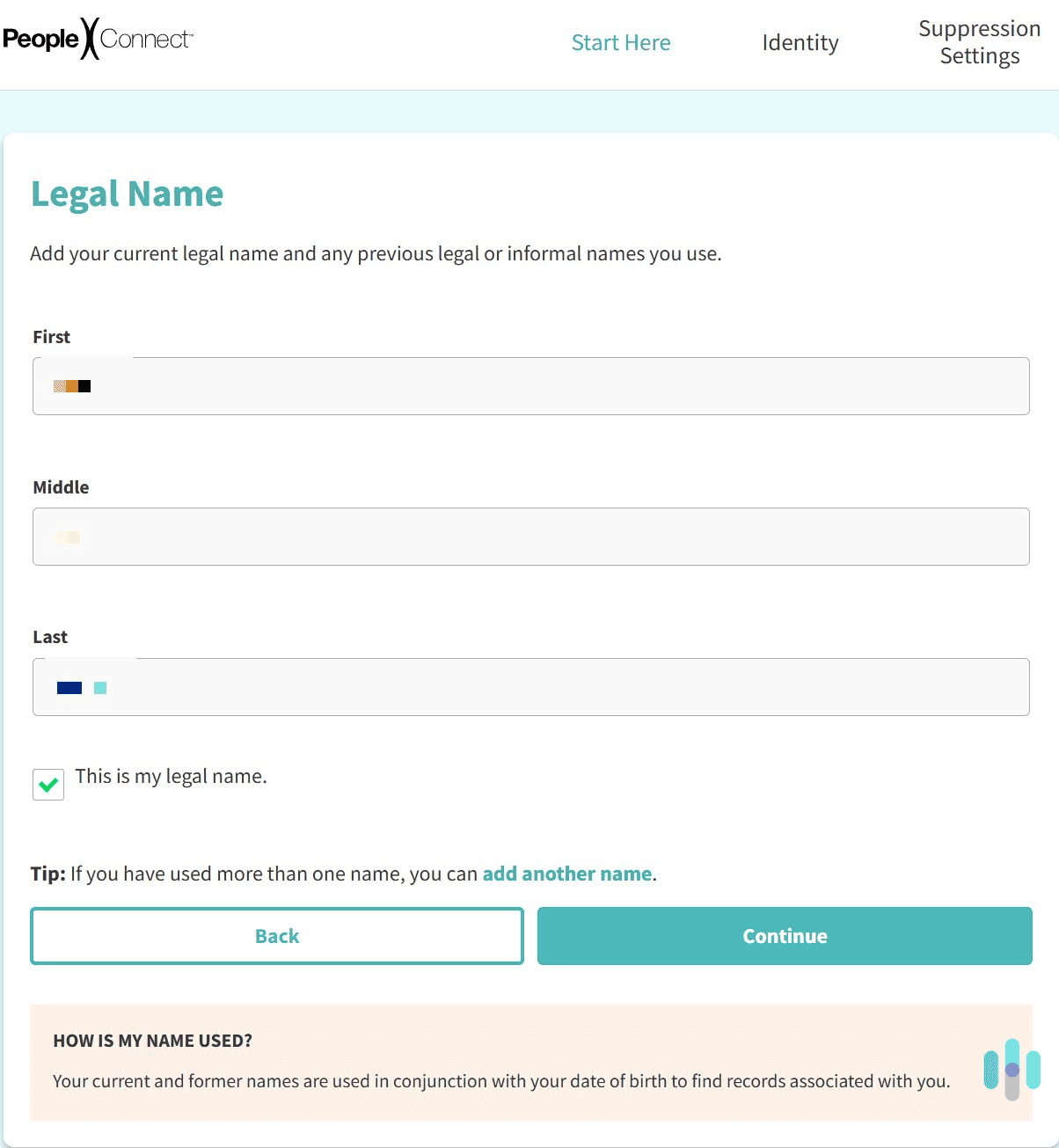 Add your full name, then click the green button.