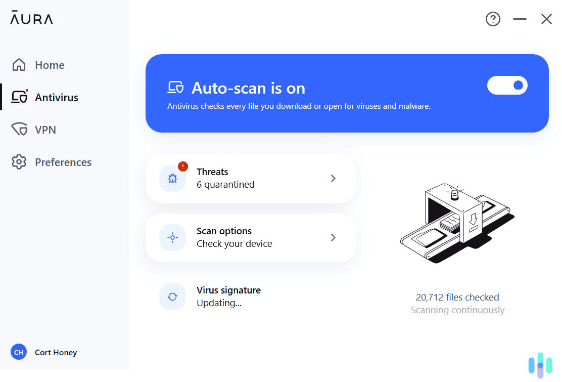After scanning over 20,000 files, Aura Antivirus found six potentially malicious files on our laptop After scanning over 20,000 files, Aura Antivirus found six potentially malicious files on our laptop
