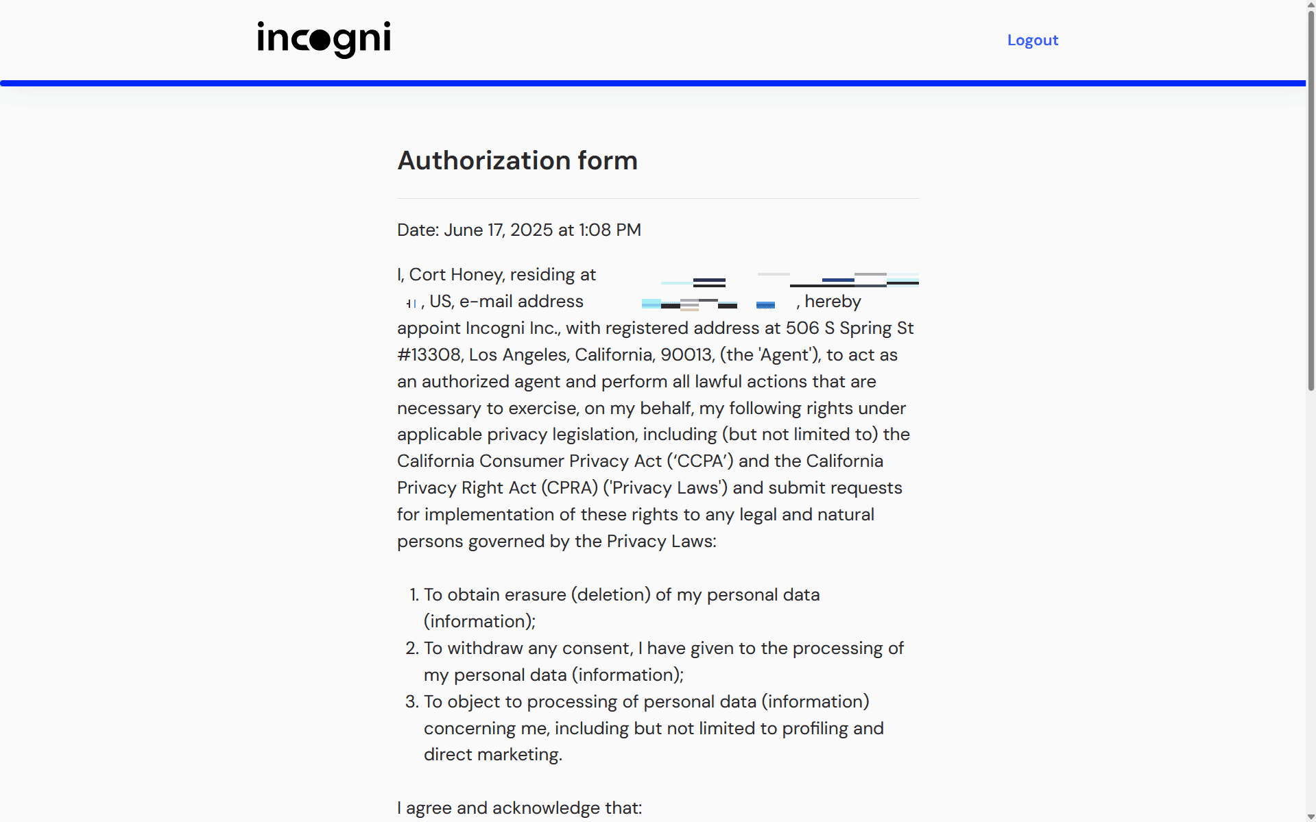Authorization Form to Request Data Removal Incogni authorization form