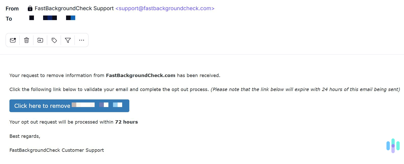 Check your email, and confirm the record removal request. Check your email, and confirm the record removal request.