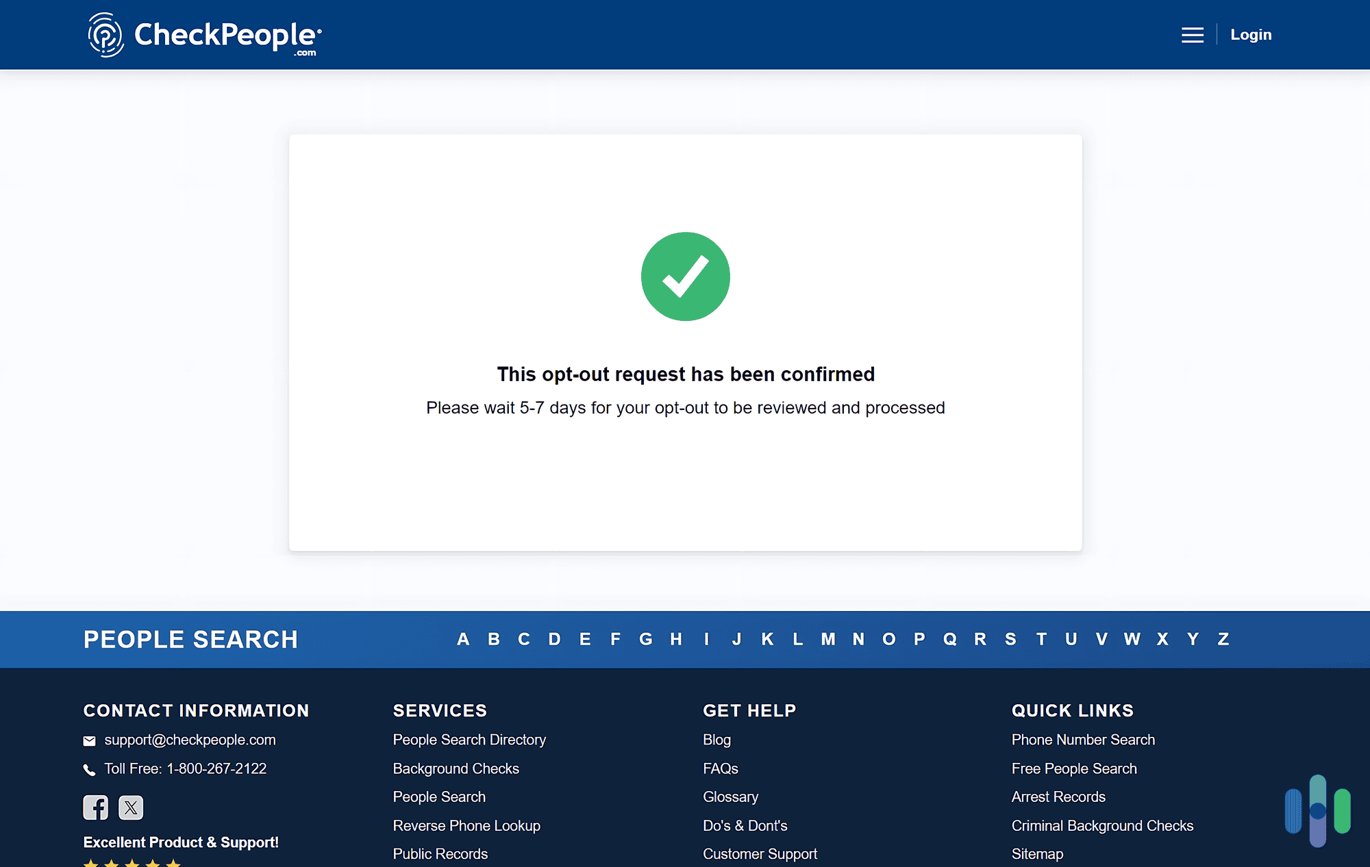 We needed to wait a week after confirming our opt-out request before our data was removed from CheckPeople. We needed to wait a week after confirming our opt-out request before our data was removed from CheckPeople.