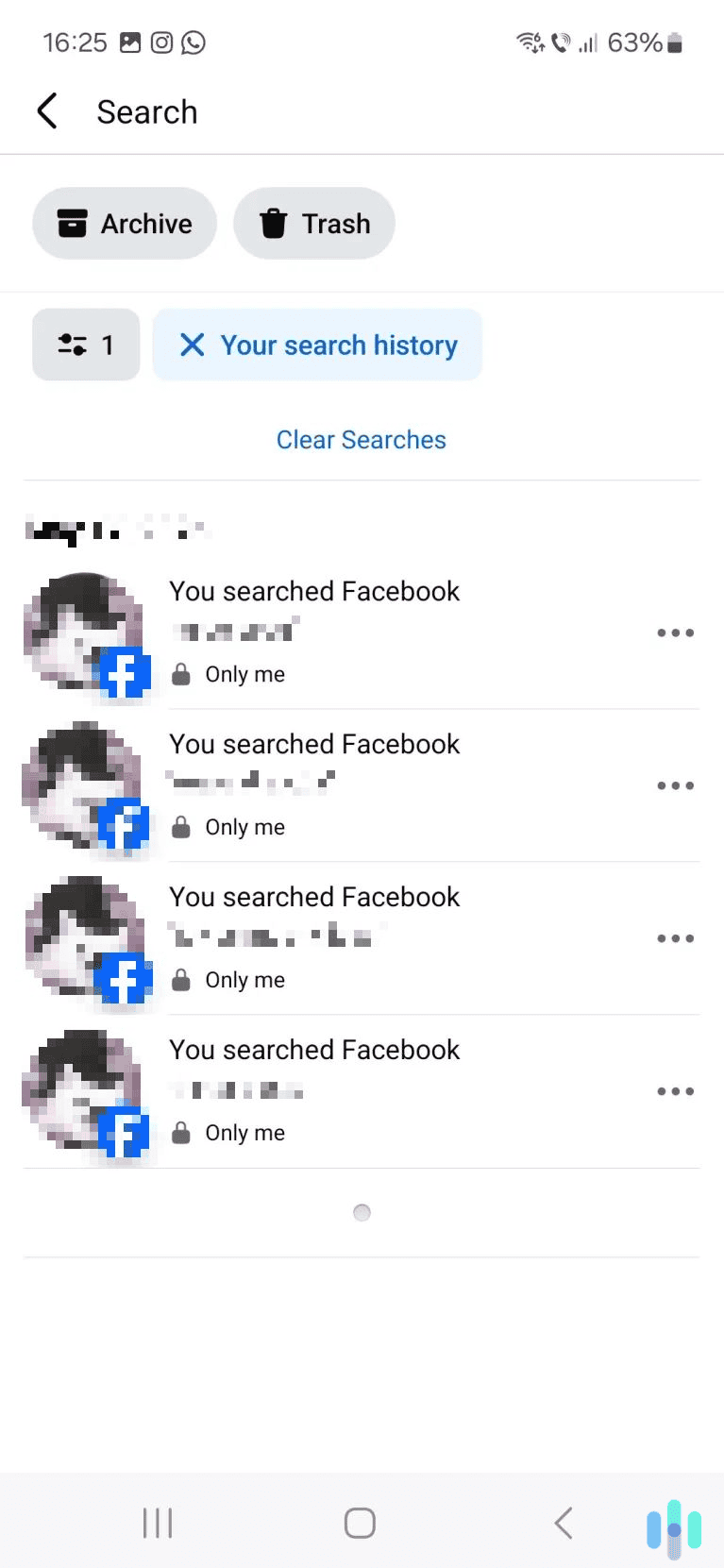Clear your Facebook searches, either individually or in bulk. Clear your Facebook searches, either individually or in bulk.