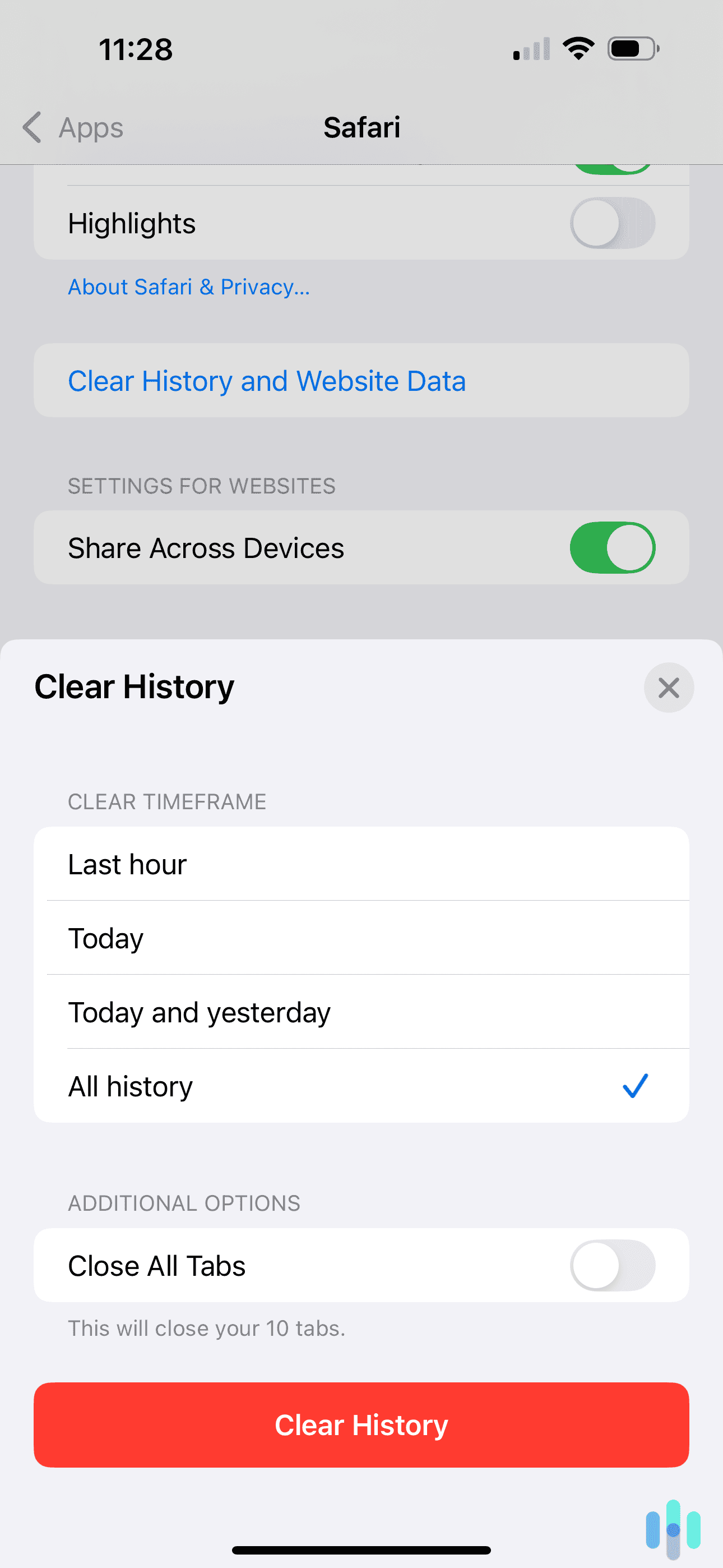 Clearing the entire Safari search history