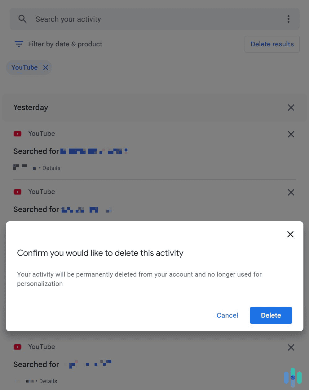 Confirm the deletion request to remove all YouTube search history. Confirm the deletion request to remove all YouTube search history.