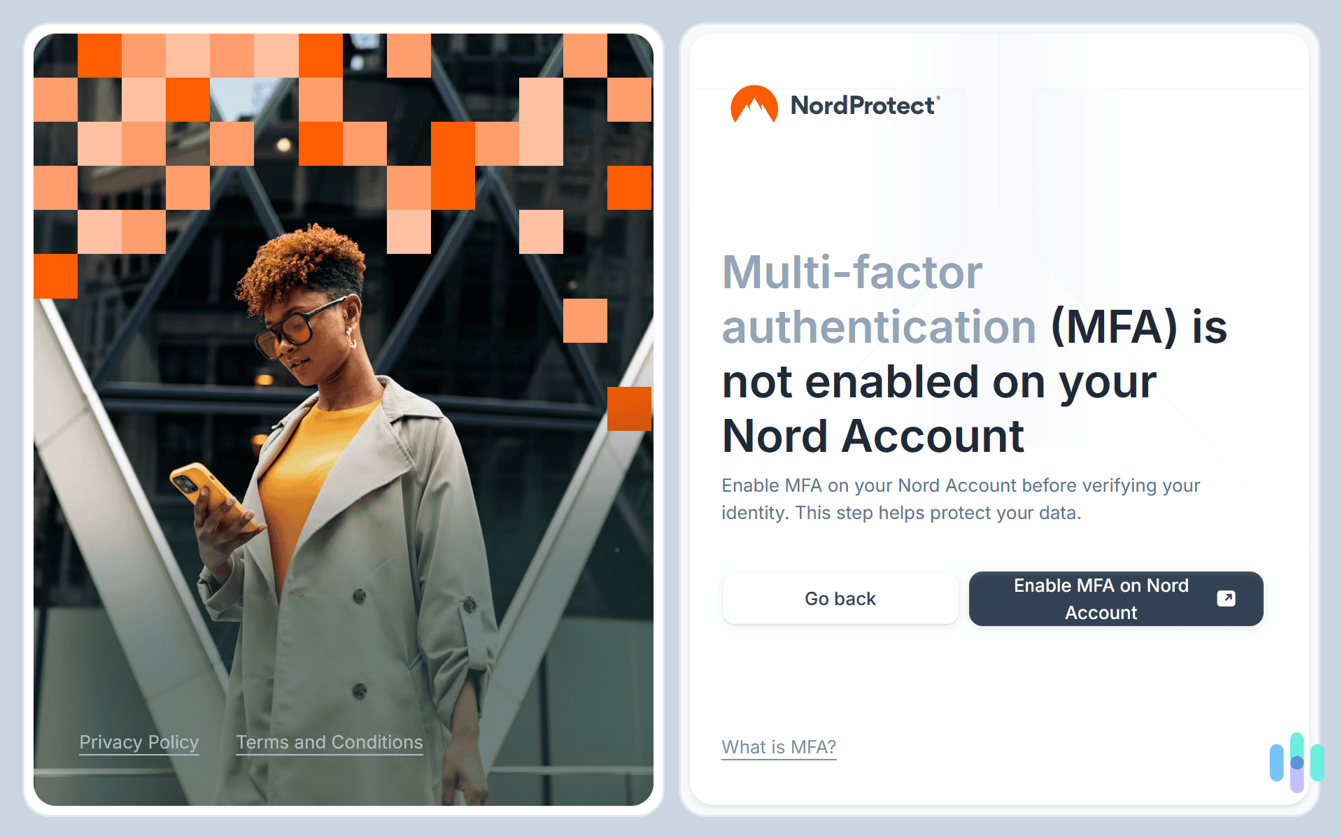 Before verifying our identity to access NordProtect’s credit monitoring, we had to enable multifactor authentication for our Nord account. Before verifying our identity to access NordProtect’s credit monitoring, we had to enable multifactor authentication for our Nord account.