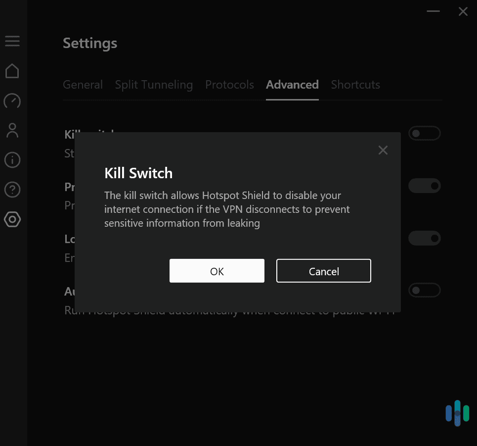 Hotspot Shield provides built-in access to a kill switch that protects you from traffic leaks.