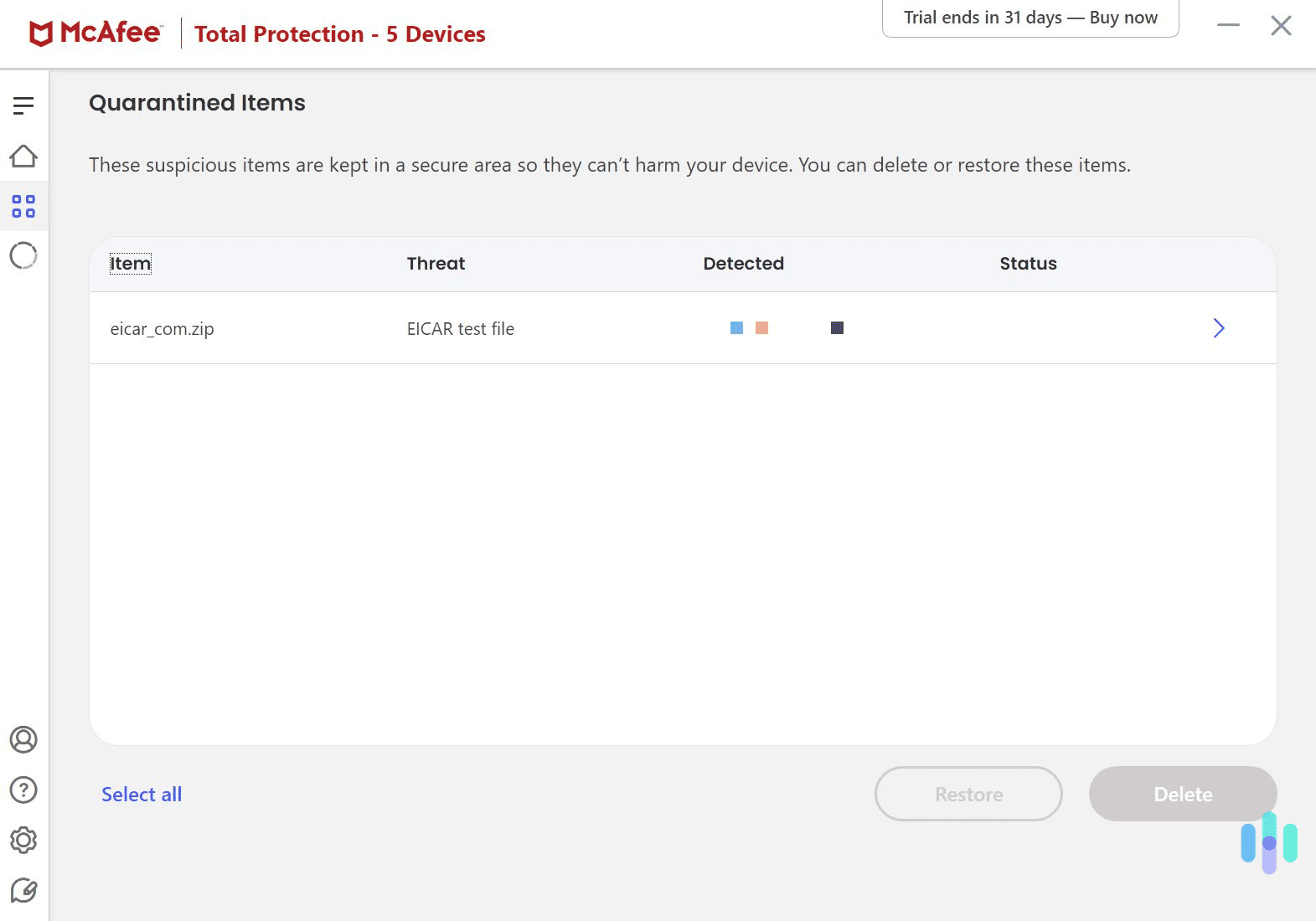 In our tests, McAfee instantly blocked all malware test file downloads, and it quarantined the files.