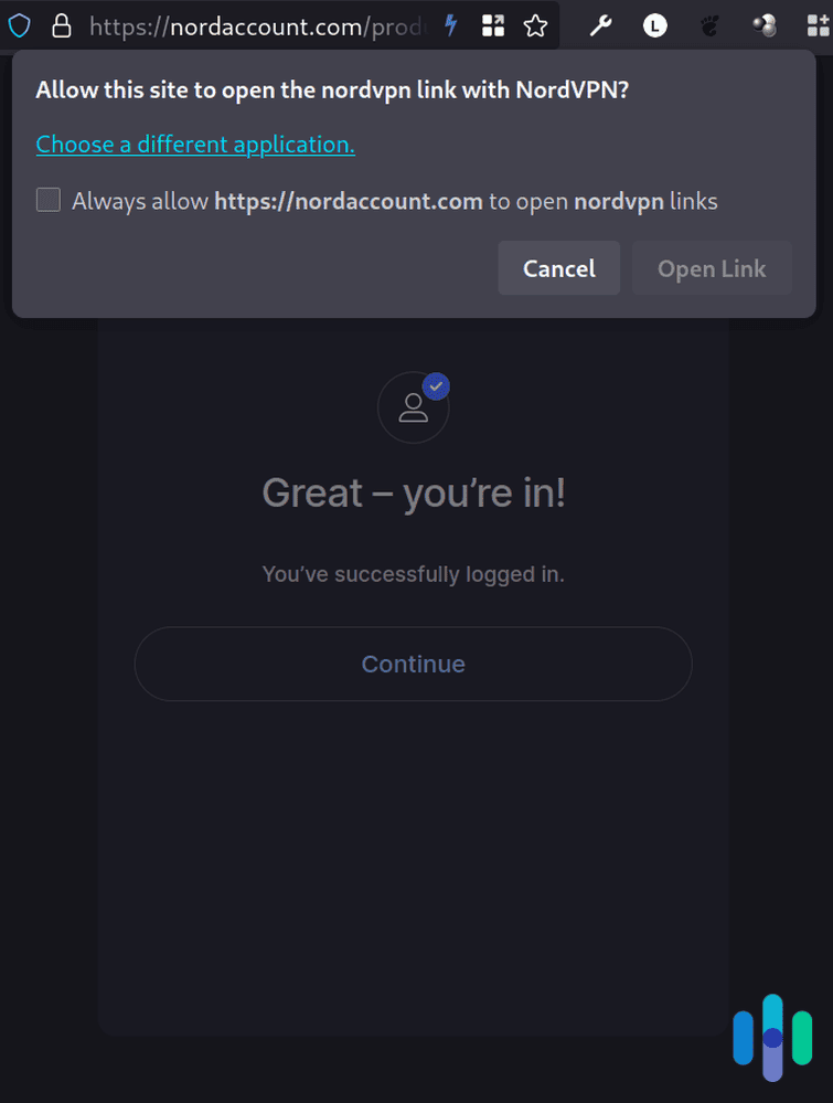 Successful authentication of NordVPN client via browser