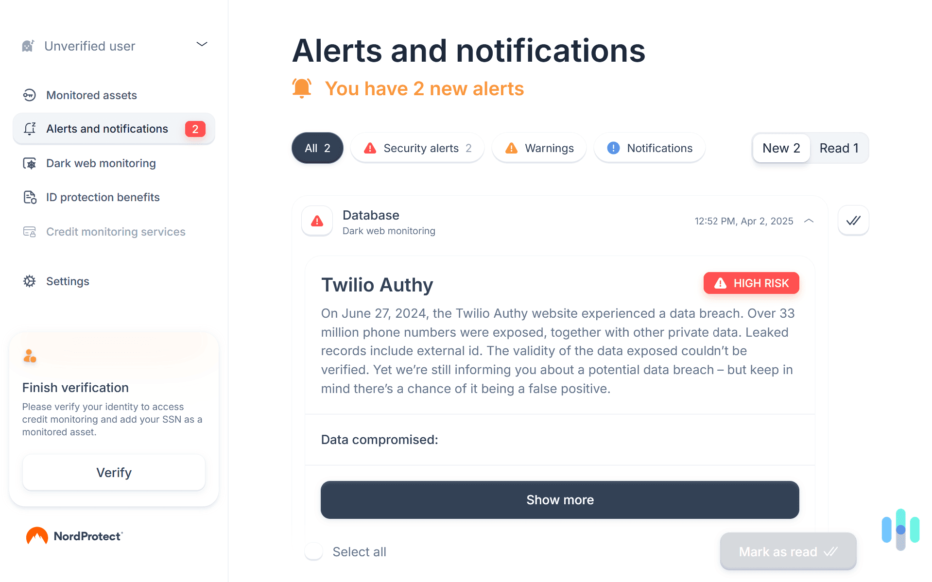 Most dark web monitoring services we’ve tested miss this leak of our email address that NordProtect found. Most dark web monitoring services we’ve tested miss this leak of our email address that NordProtect found.