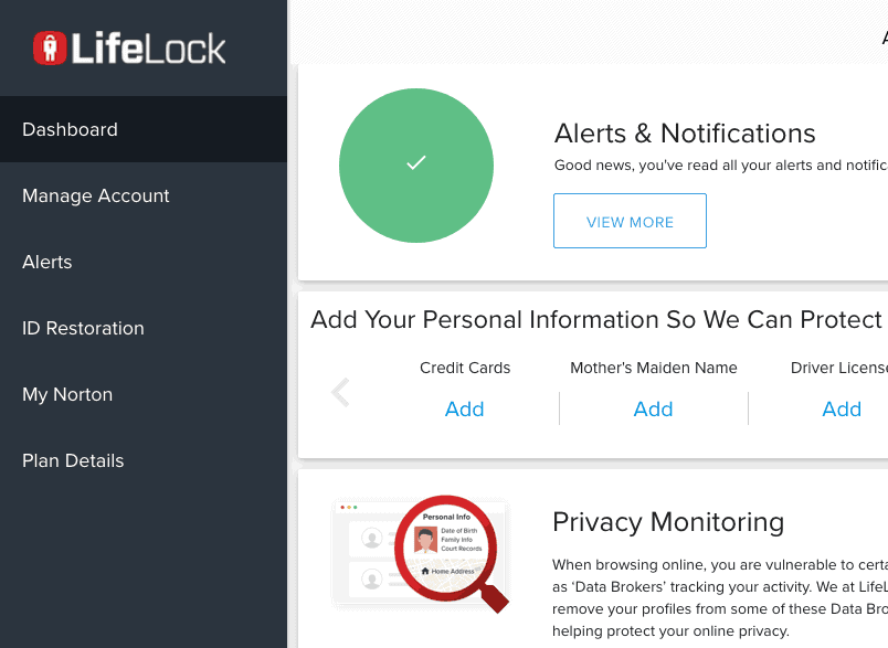 LifeLock Dashboard LifeLock Dashboard