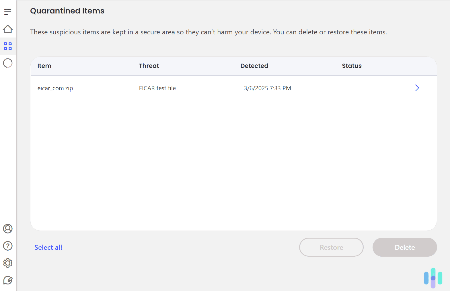 McAfee quickly found and quarantined malware test files. McAfee quickly found and quarantined malware test files.