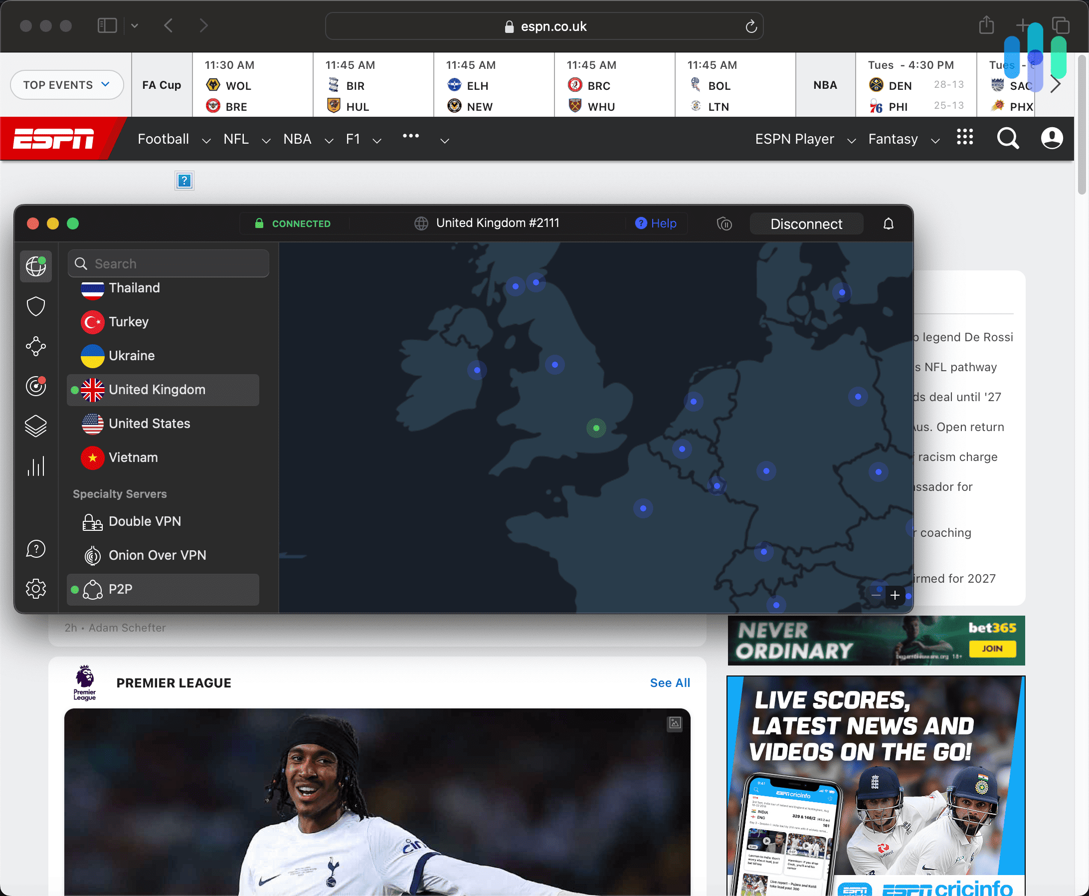 Using NordVPN on a UK server and browsing ESPN UK content with Safari Using NordVPN on a UK server and browsing ESPN UK content with Safari