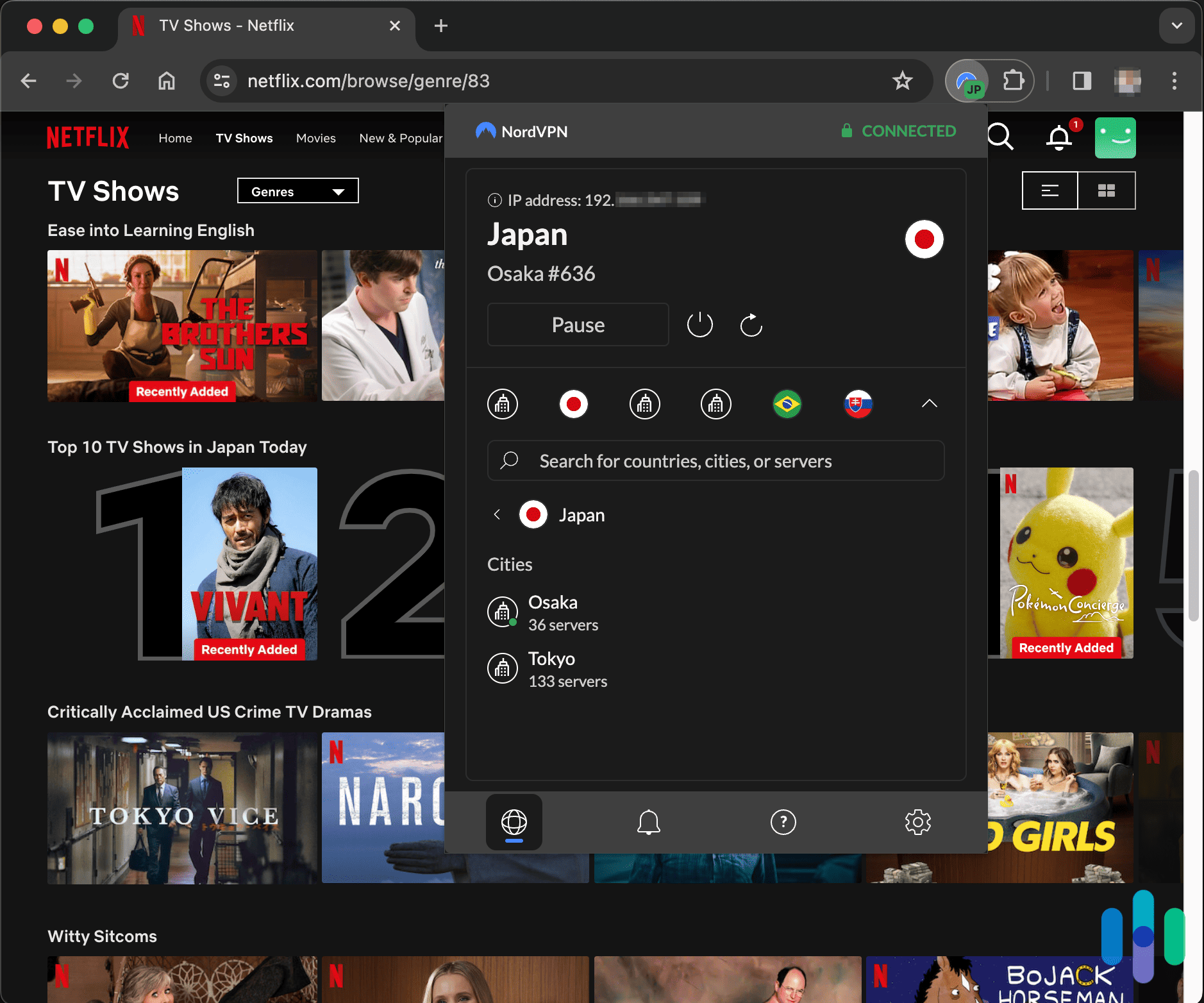 NordVPN Chrome app connected to Japan while looking at Netflix NordVPN Chrome app connected to Japan while looking at Netflix