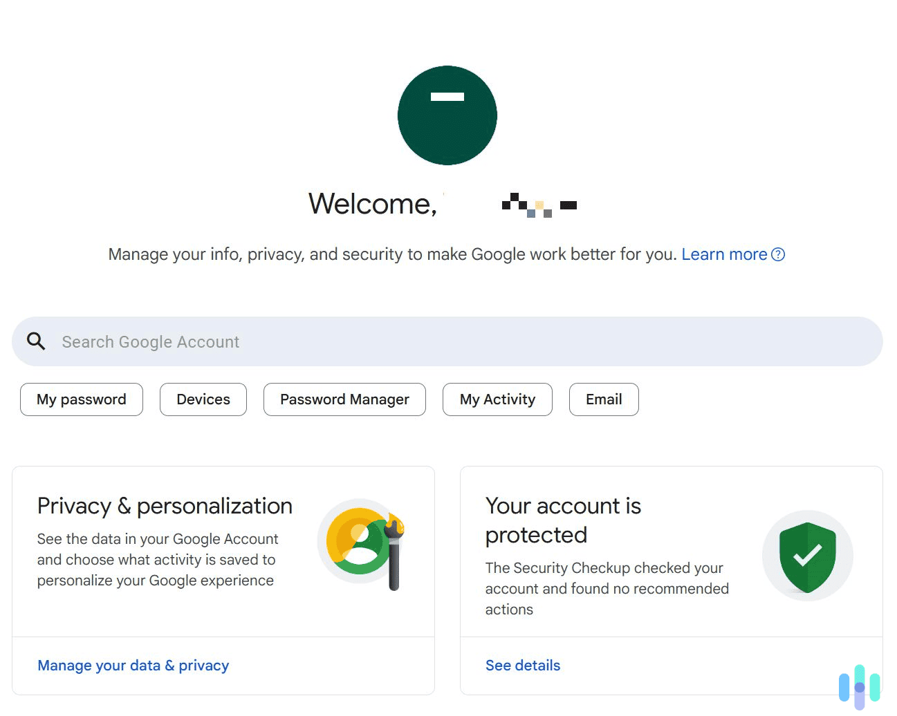 On the main Google account dashboard, select the My Activity option. On the main Google account dashboard, select the My Activity option.
