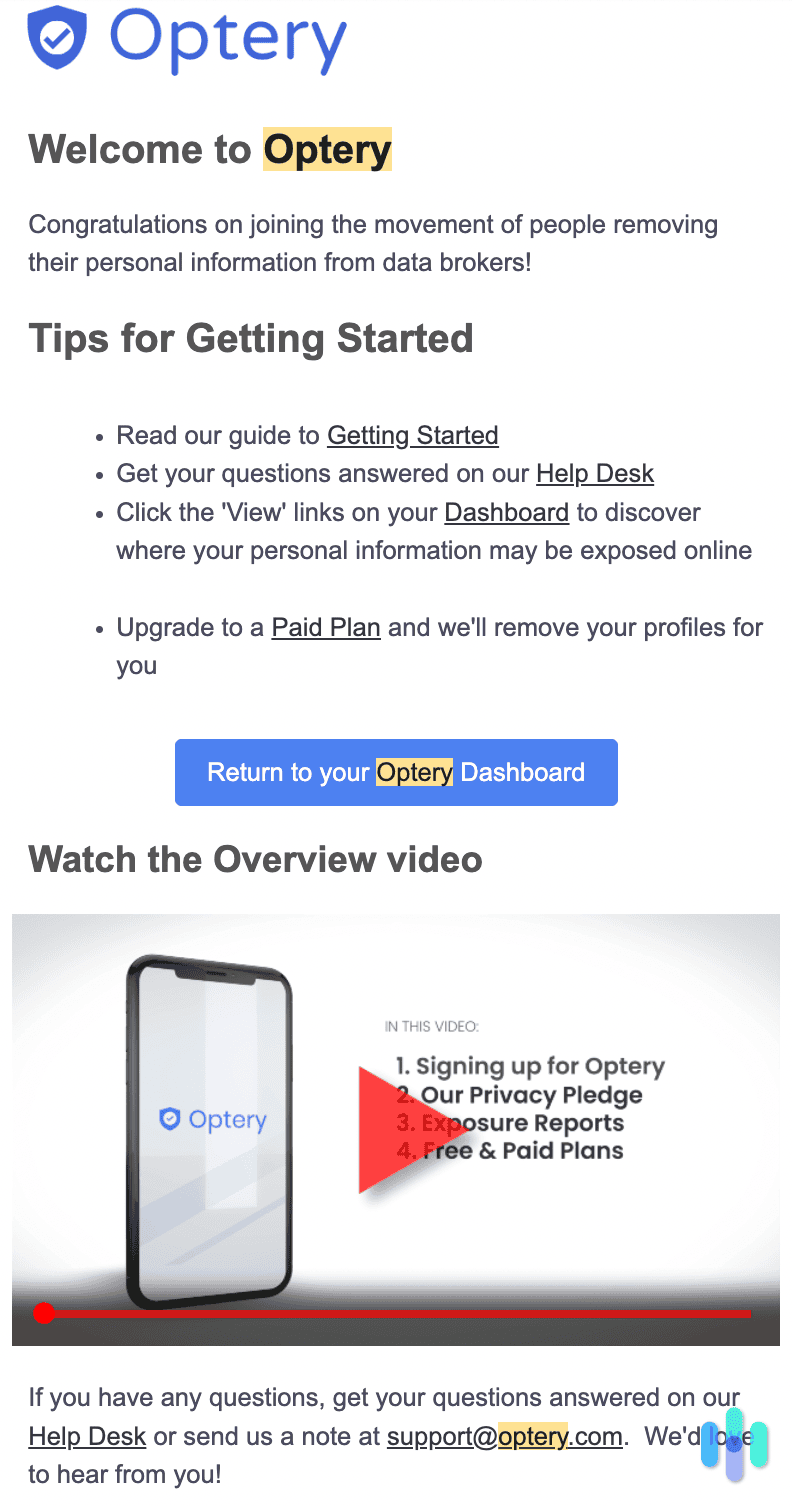 Optery welcome email Optery welcome email