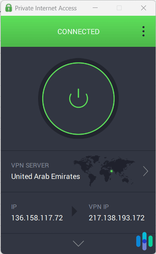 Private Internet Access VPN connected to a server in the United Arab Emirates Private Internet Access VPN connected to a server in the United Arab Emirates