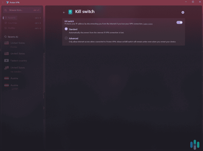 Proton VPN has a customizable kill switch on most of its apps. Proton VPN has a customizable kill switch on most of its apps.