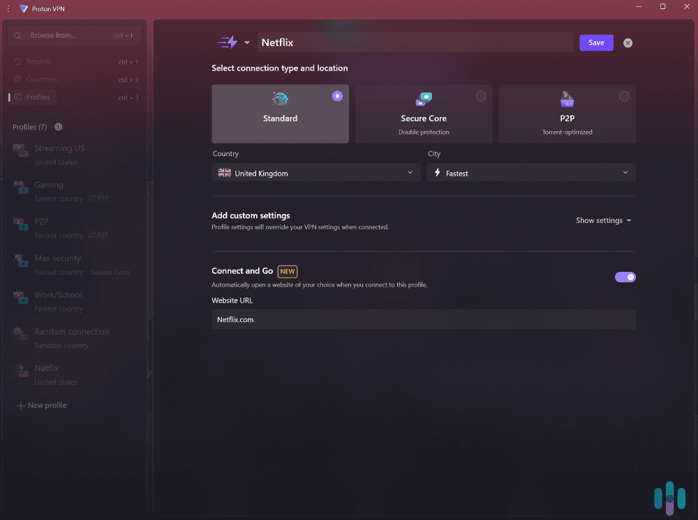 Proton VPN's Windows app lets you automate VPN connections via the Profiles feature.