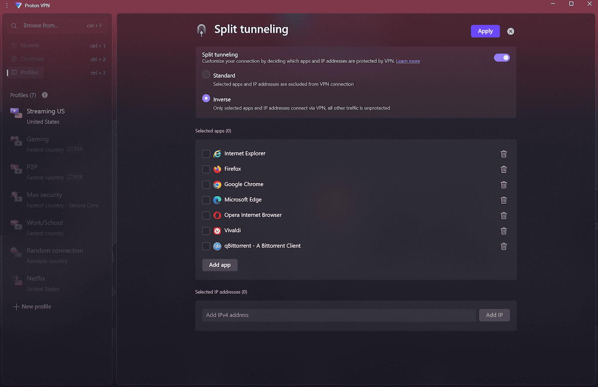 Proton VPN supports fine-tuning VPN speeds via split-tunneling. Proton VPN supports fine-tuning VPN speeds via split-tunneling.