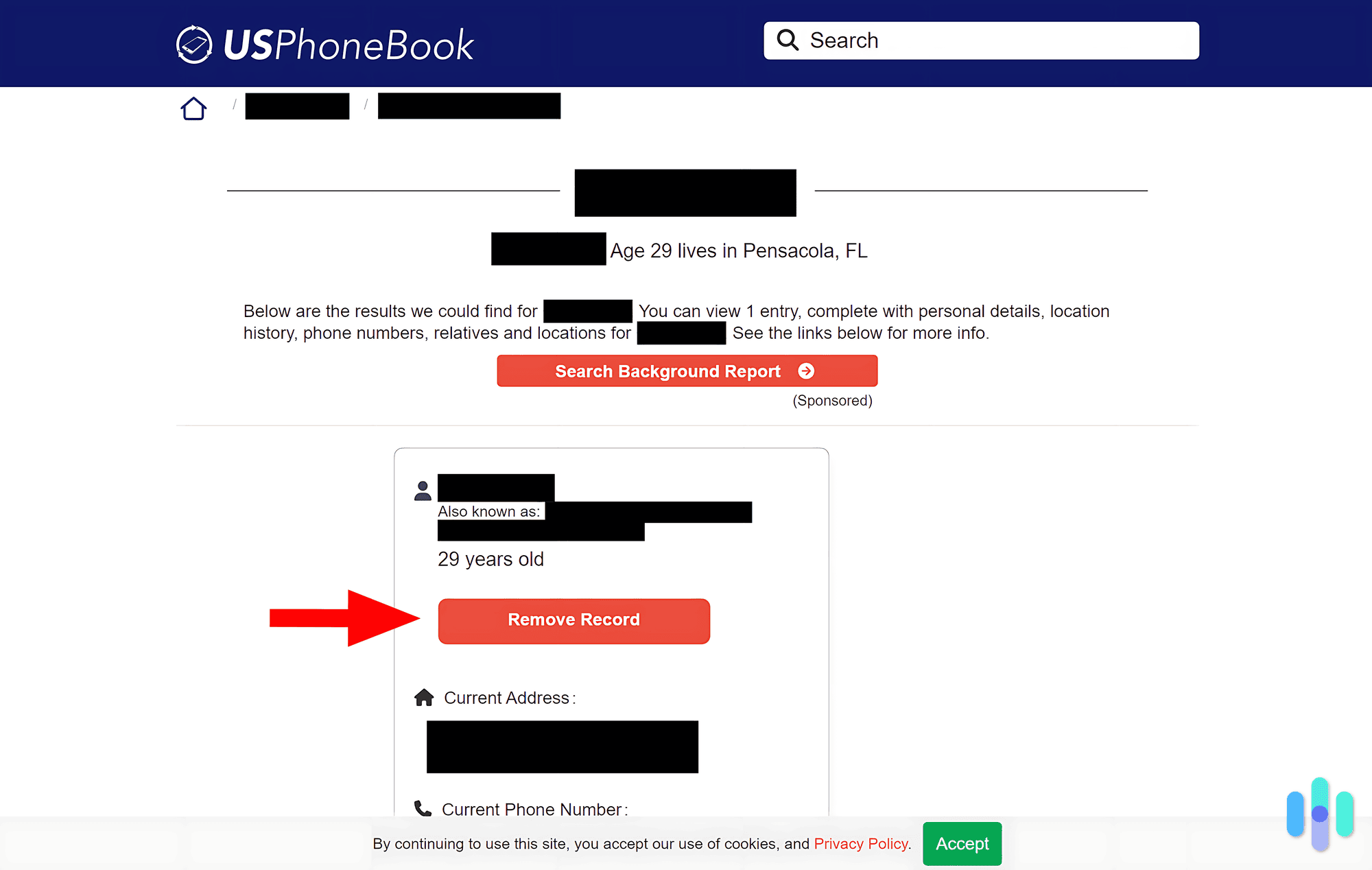 We found our record and requested its removal on USPhoneBook. We found our record and requested its removal on USPhoneBook.