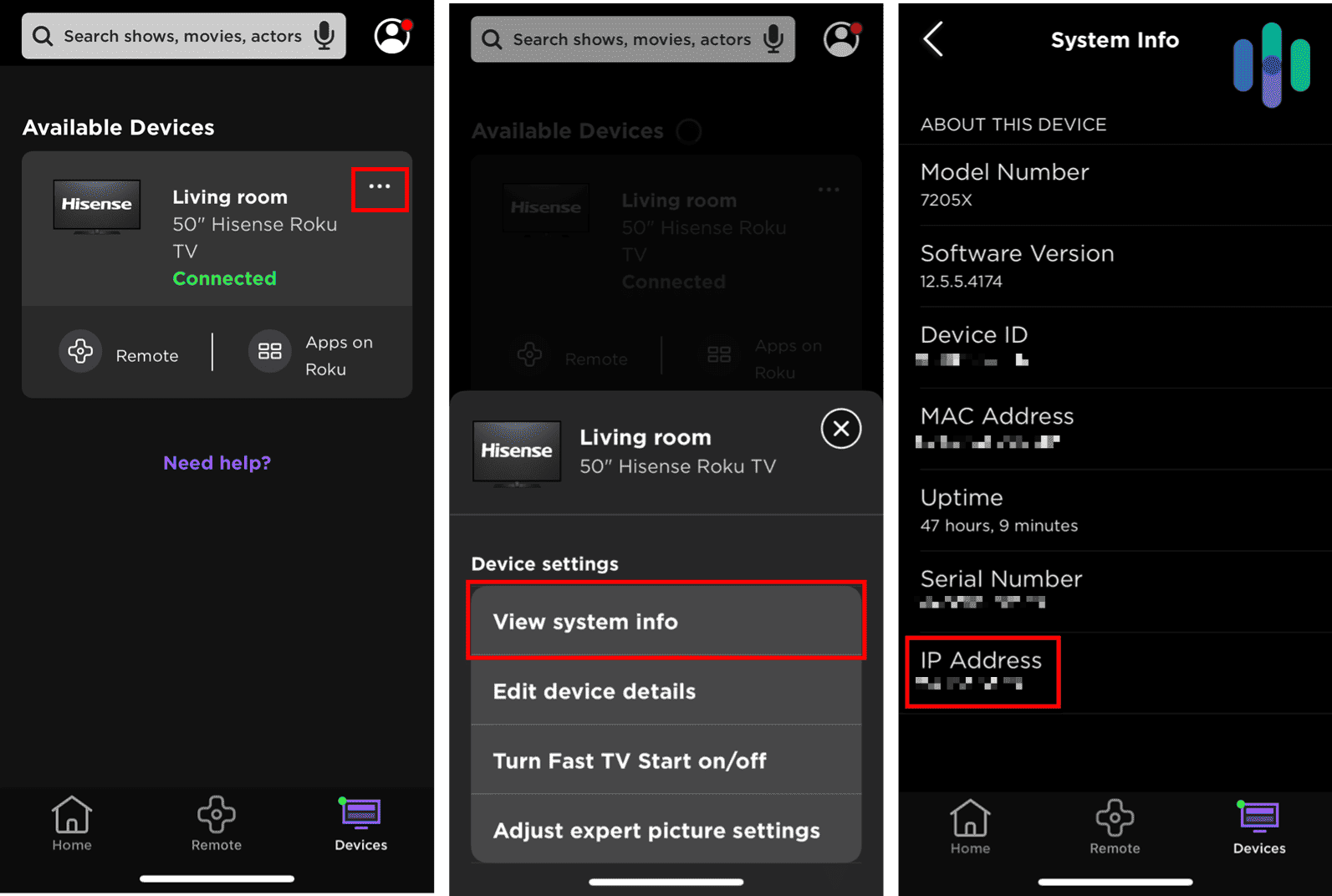 IP Address location in Roku settings IP Address location in Roku settings
