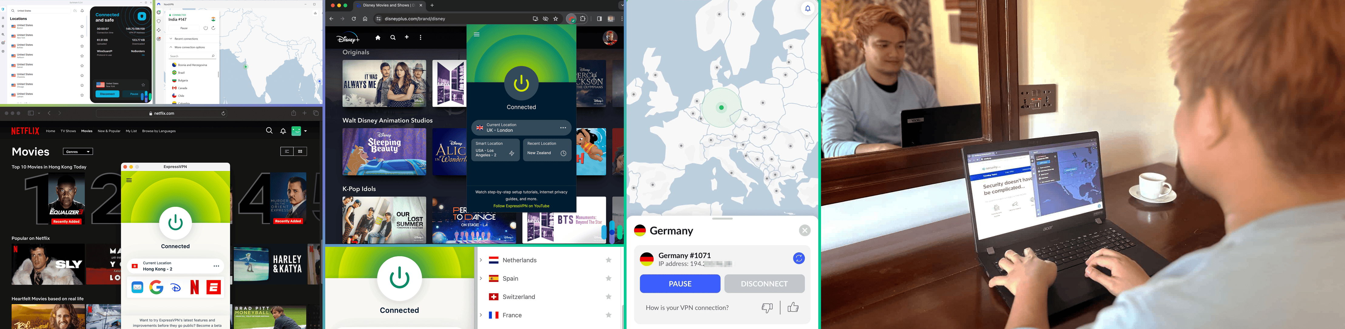 Security.org digital security experts testing VPNs A compilation of images showing our researchers testing different VPN services.