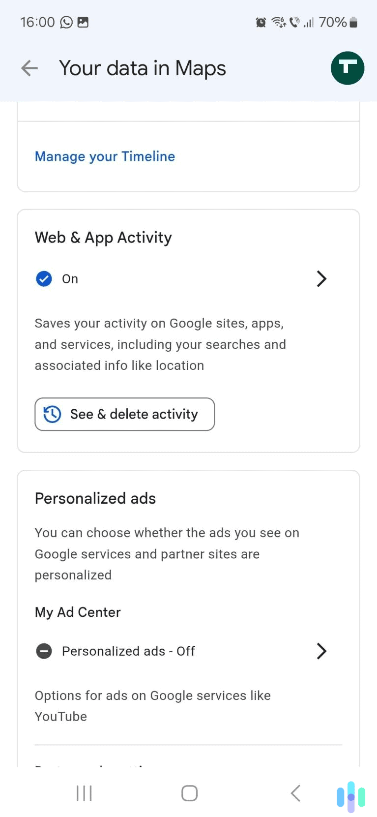 Select the option to view and delete your Google Maps activity. Select the option to view and delete your Google Maps activity.