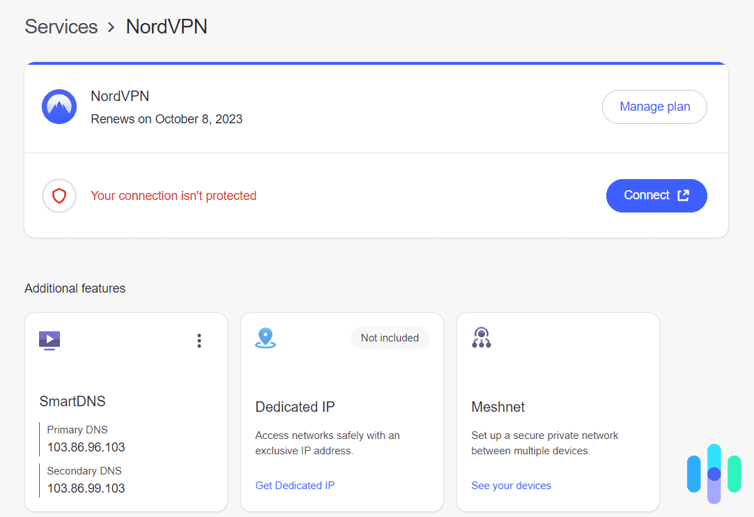 Smart DNS on NordVPN’s online dashboard Smart DNS on NordVPN’s online dashboard