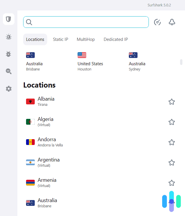 Surfshark’s server menu Surfshark's server menu