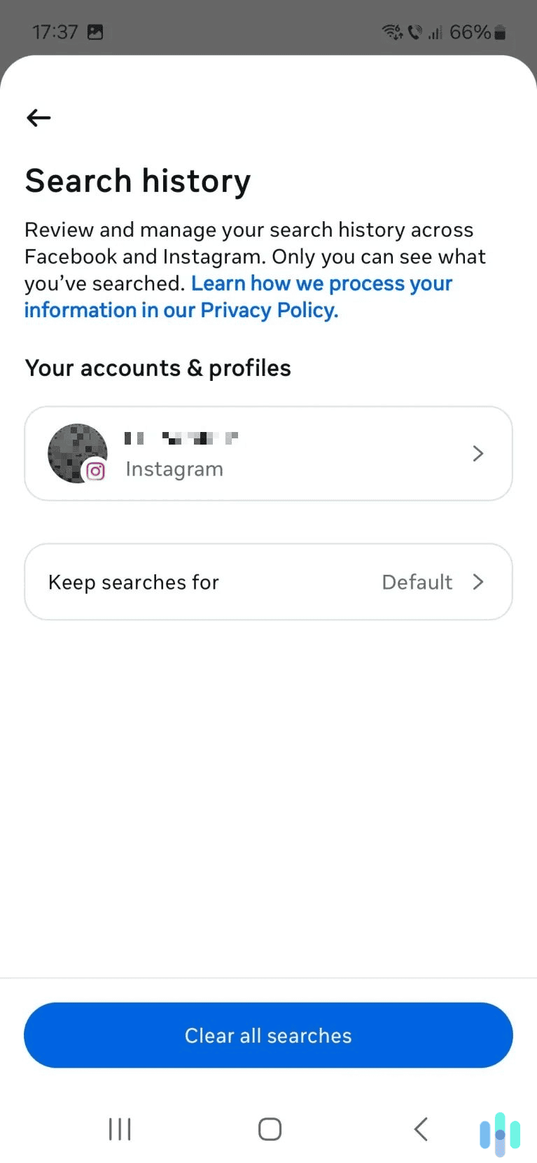 Tap the blue button at the bottom to clear your entire search history.