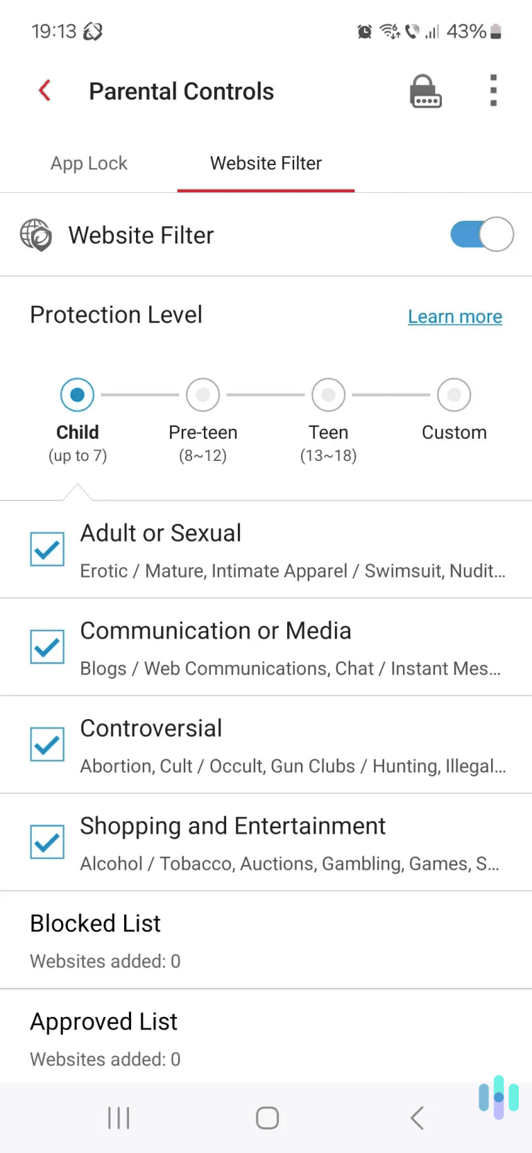 Trend Micro's Android app provides built-in access to really good parental controls.